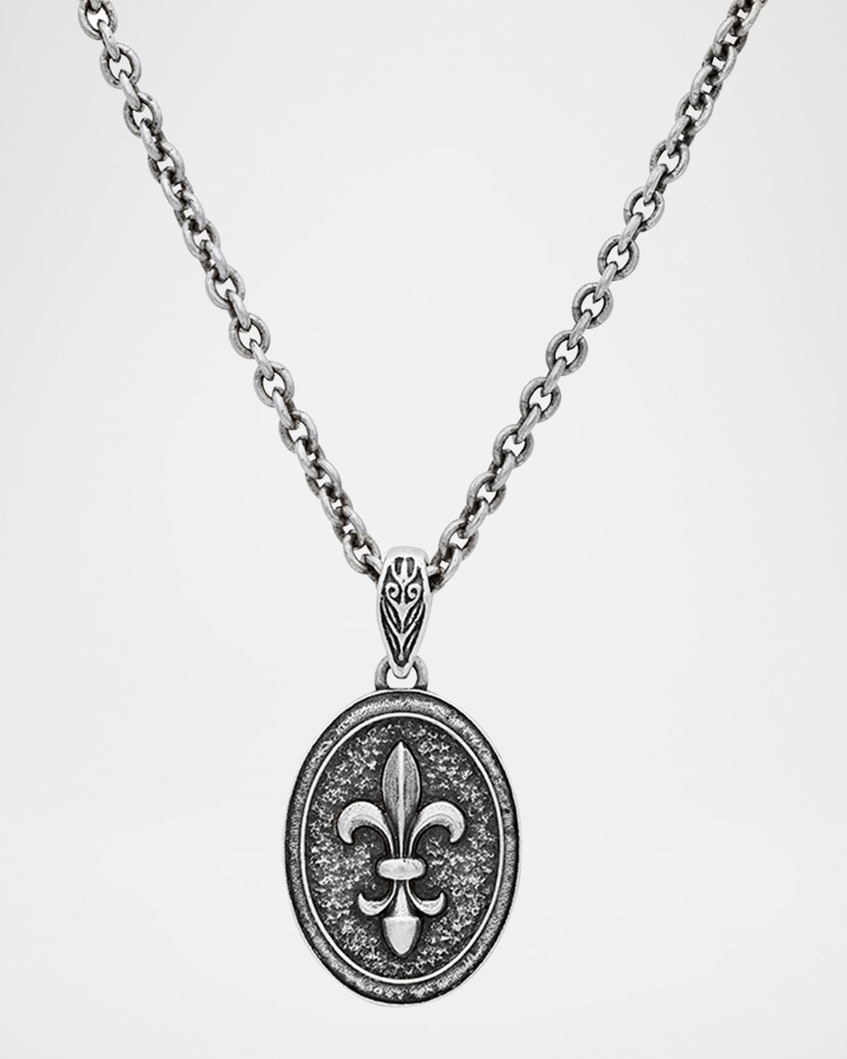 Men's Sterling Silver Fleur De Lis Oval Pendant Necklace, 24"L