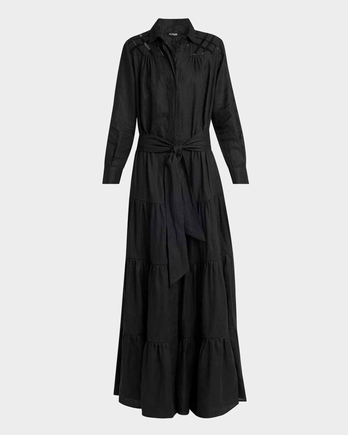 Kiton Beaded Long-sleeve Tiered Linen Maxi Shirtdress In Blk
