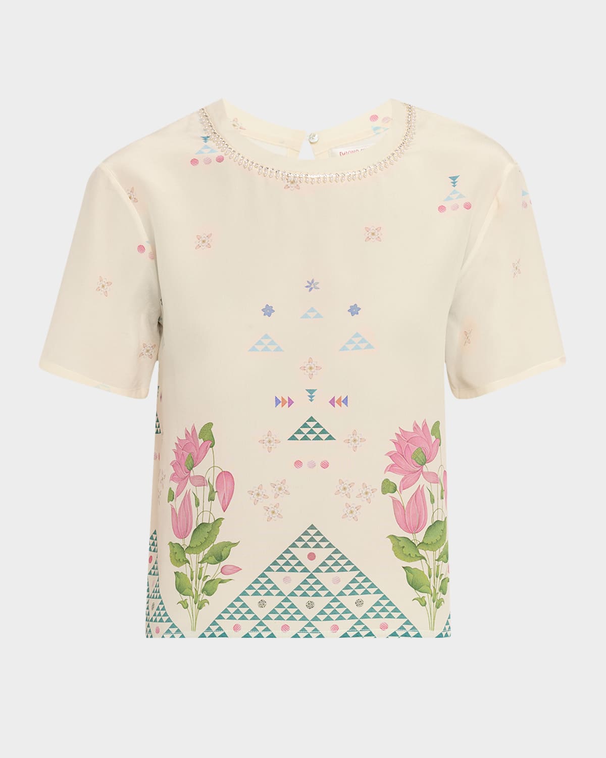 Gabrielle Crystal-Neck Short-Sleeve Silk Top