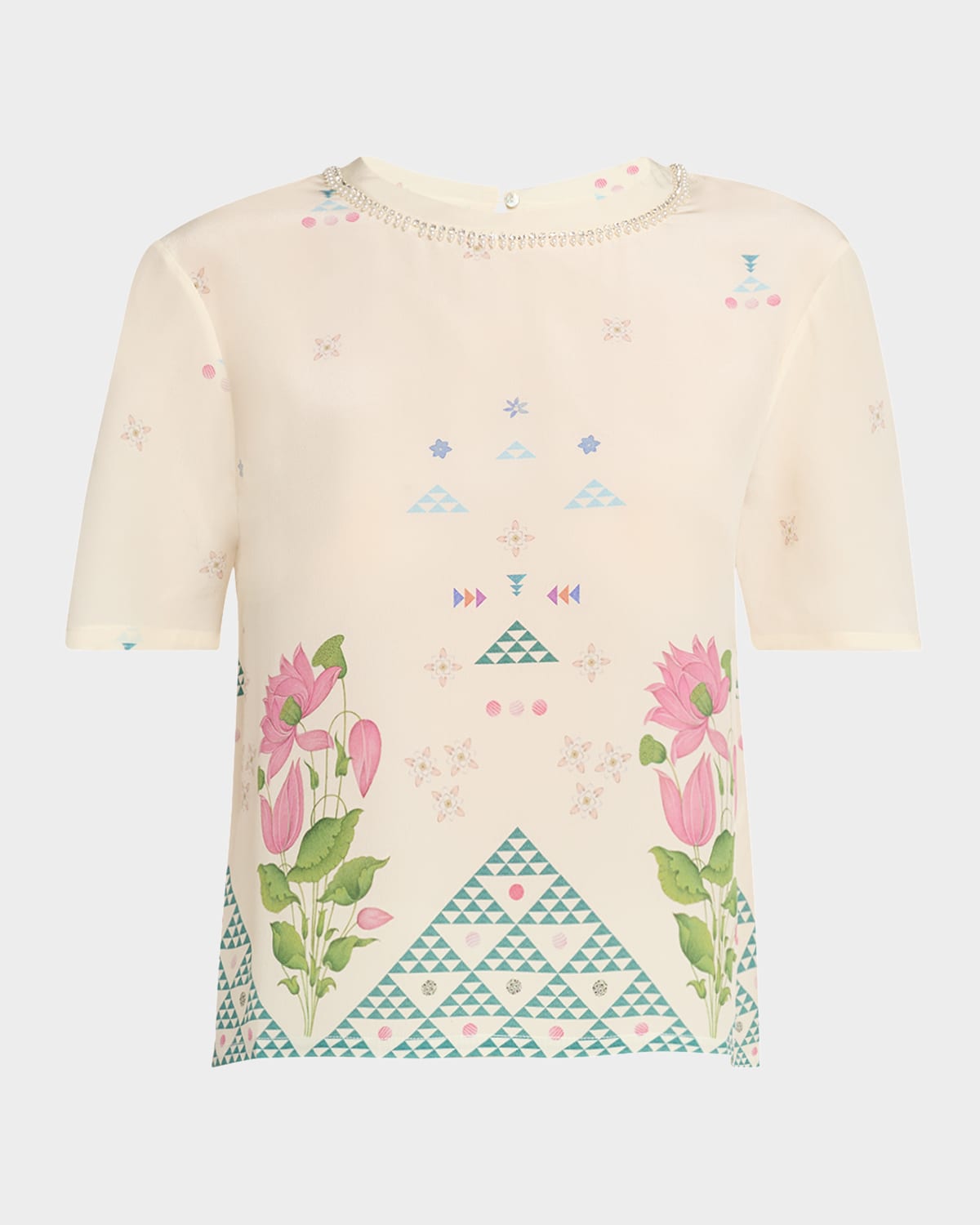 Gabrielle Geo Floral-Print Silk Crystal-Neck Blouse