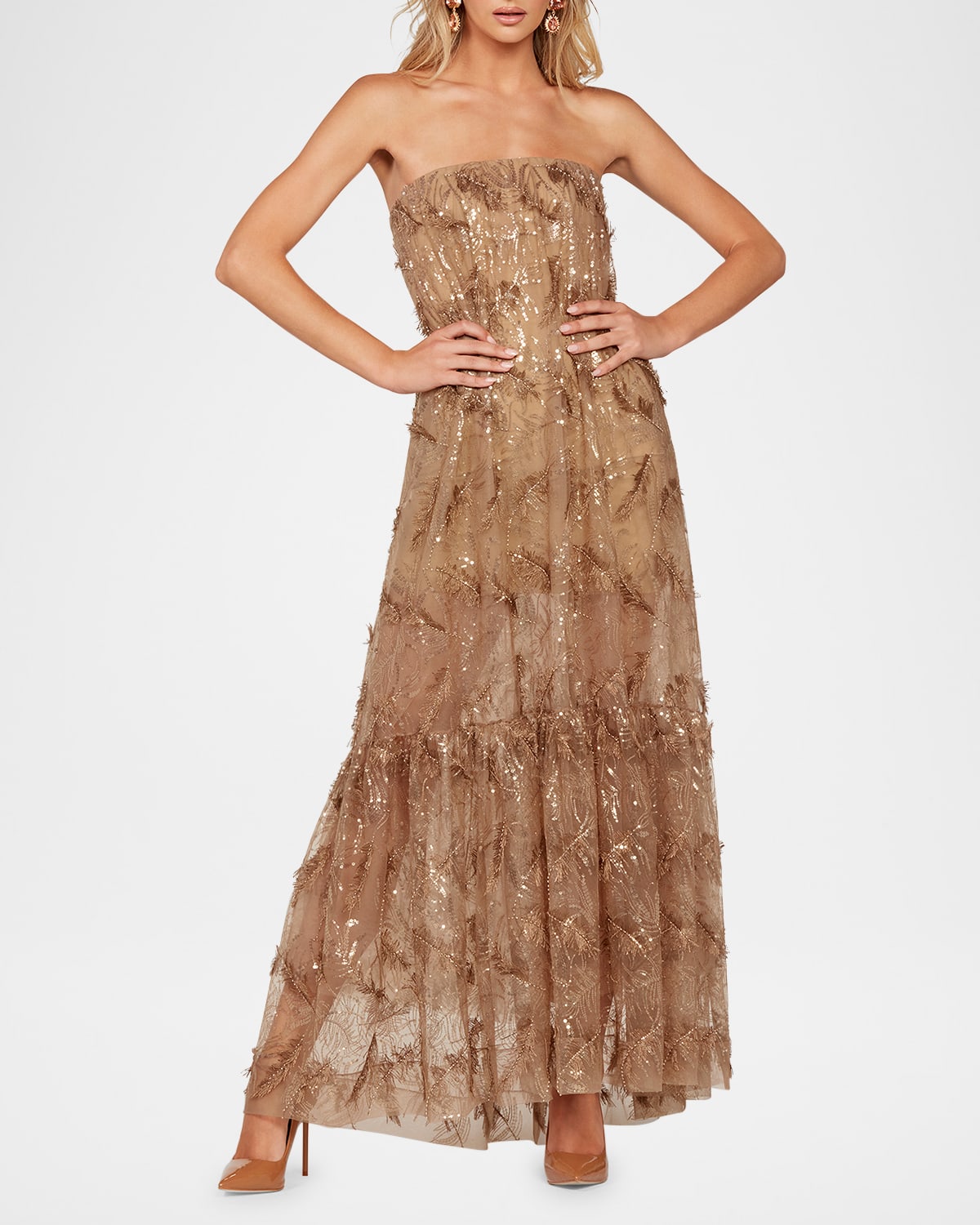 Helsi Cara Strapless Sequin Embroidered Gown In Bronze
