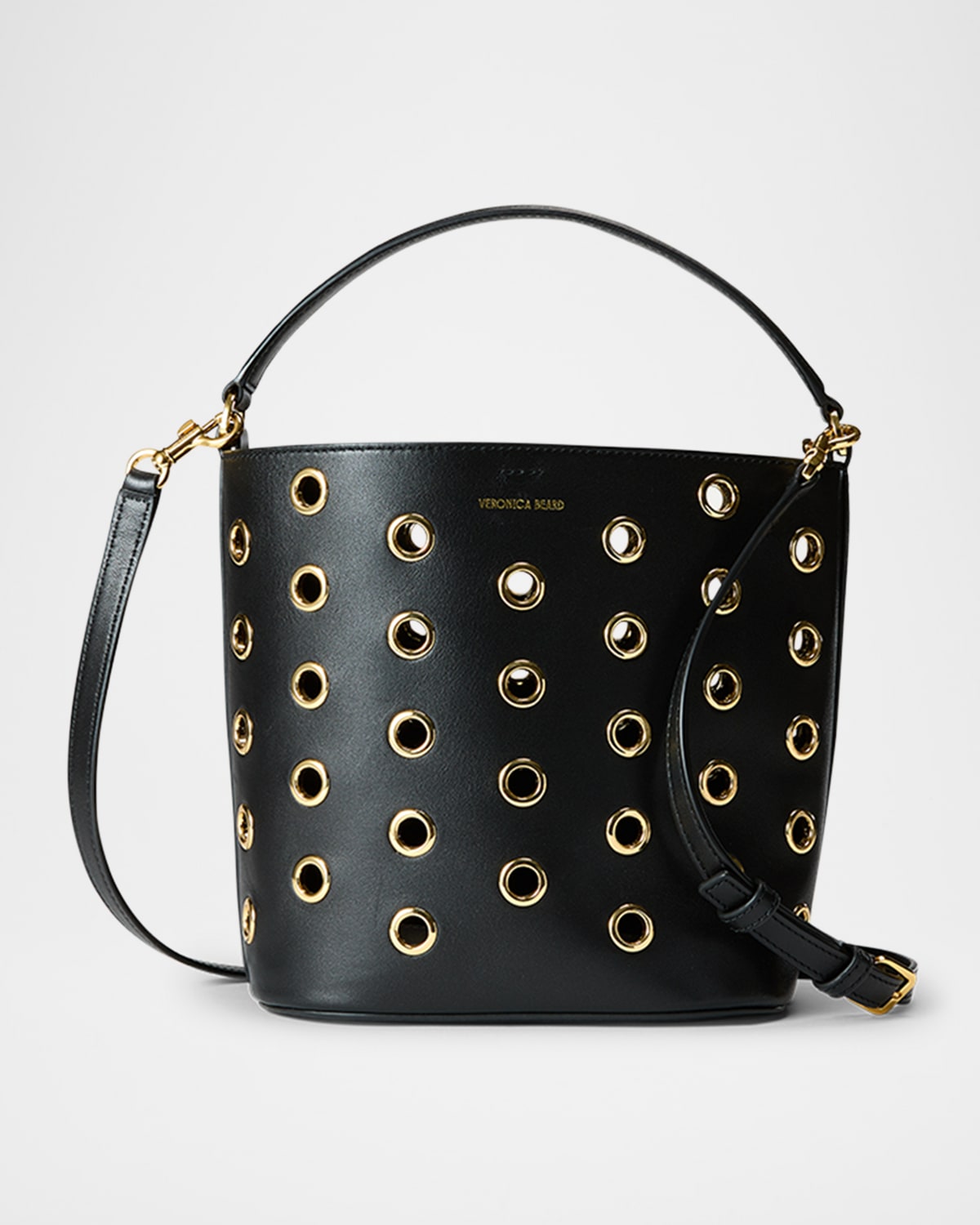Shop Veronica Beard Small Grommet Leather Bucket Bag In Blackgold