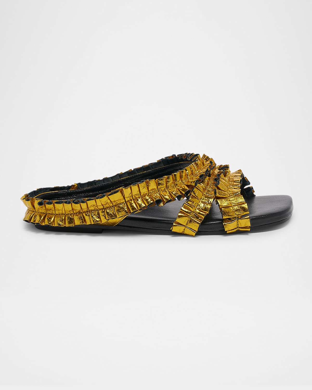 DRIES VAN NOTEN METALLIC RUCHE RUFFLED LEATHER FLAT SANDALS 