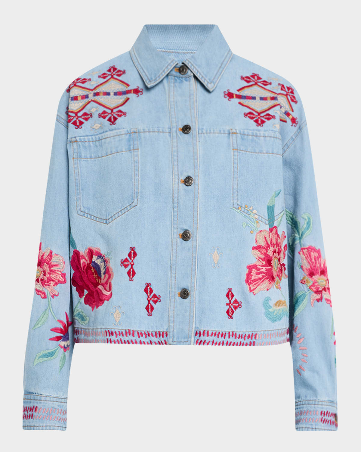 JOHNNY WAS CROPPED FLORAL-EMBROIDERED DENIM JACKET 