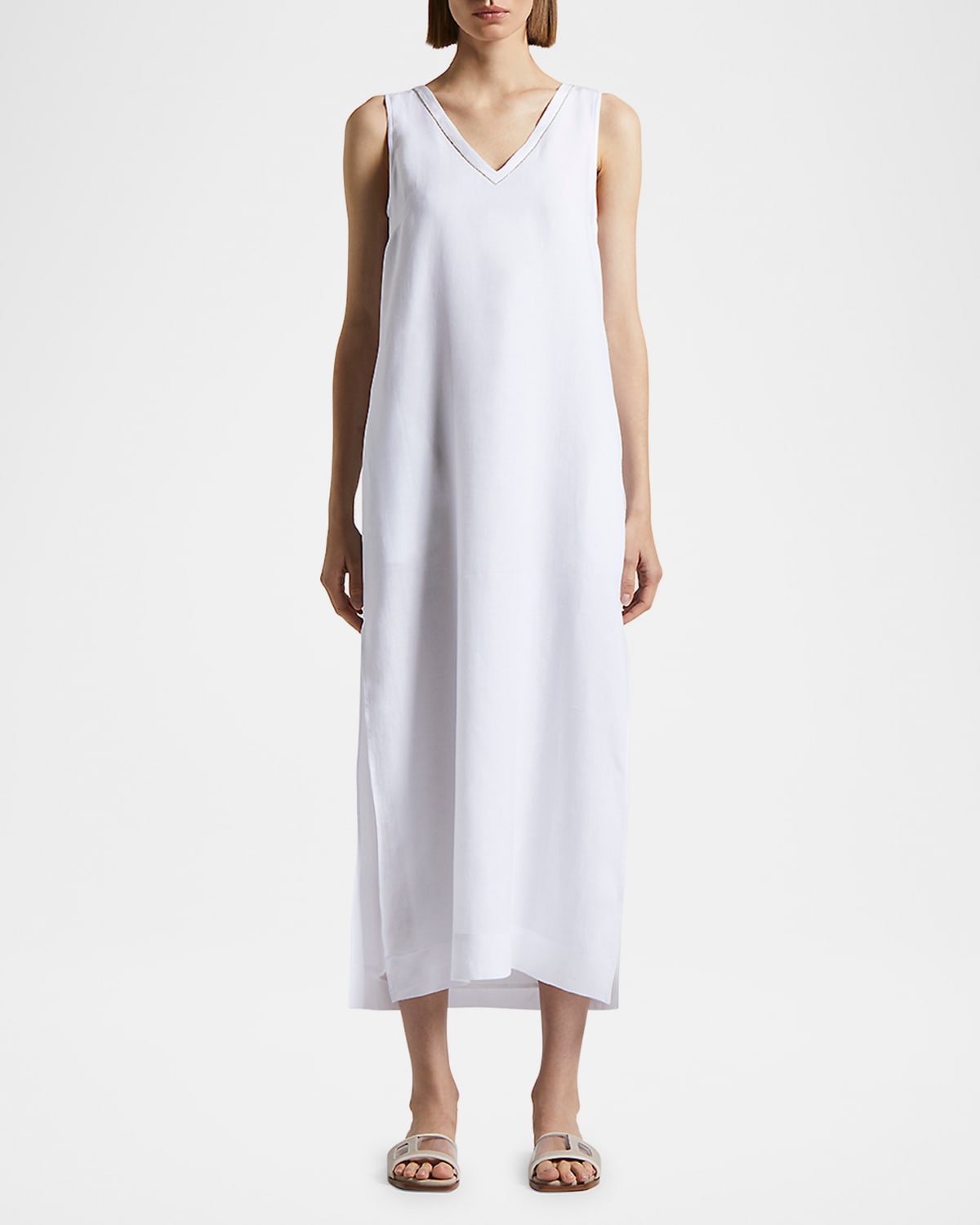 Shop Peserico Sleeveless Chain-trim Linen Midi Dress In Pure White