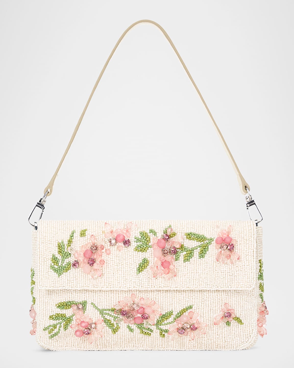 Staud Timmy Leather-trimmed Beaded Satin Shoulder Bag In Magnolia