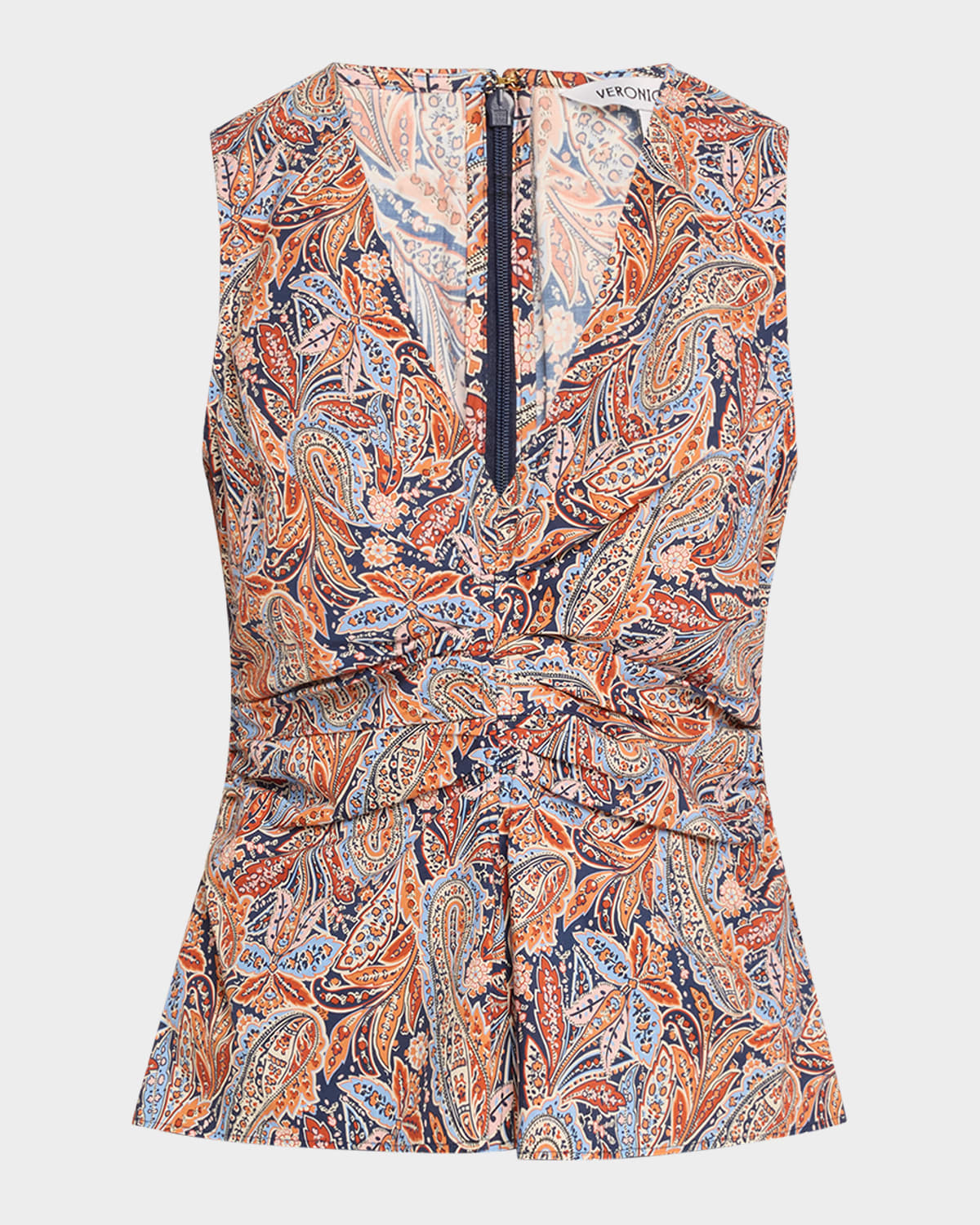 Veronica Beard Aiden Paisley Print Center Ruched Top In Navy Multi