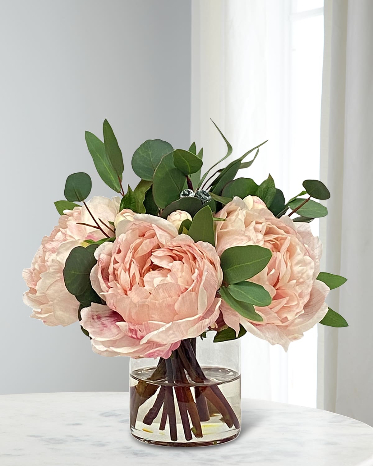 Winward Home Peonies & Eucalyptus 10" Faux Floral Arrangement In Glass Cylinder In Pink
