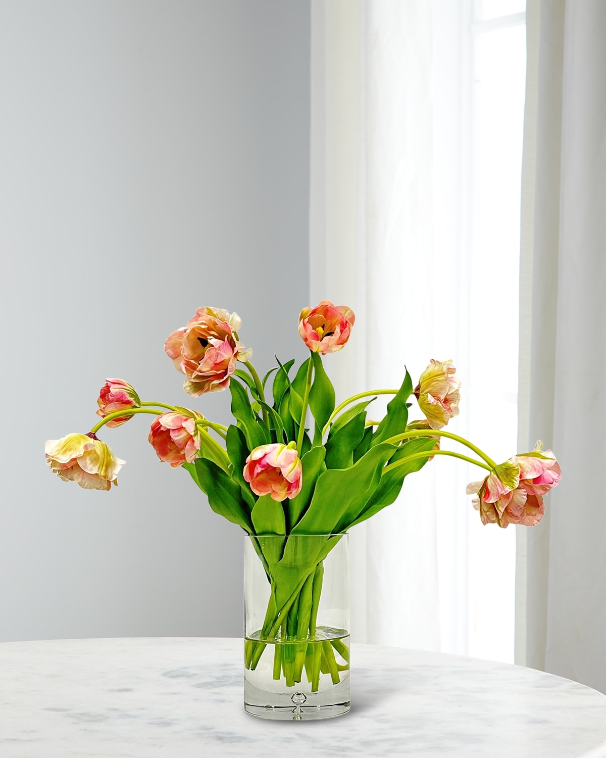 Winward Home Double Tulip With Leaves 22" Faux Floral Arrangement In Glass Cylinder In Orange/green