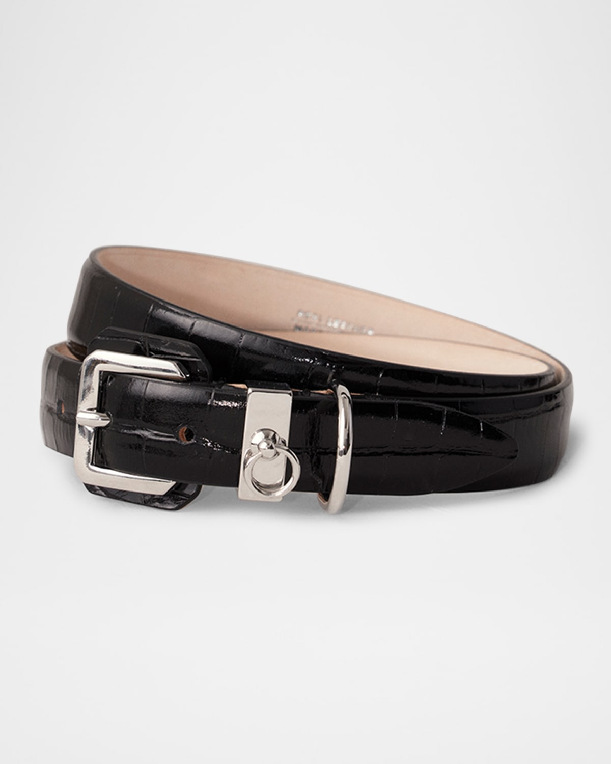 Dehanche Jolinard Crocodile Textured Leather Belt In Black Croco Silver