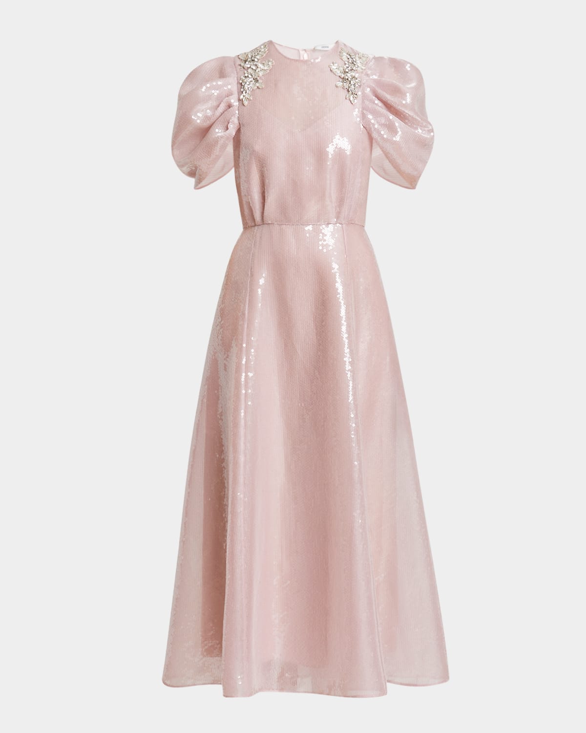ERDEM CRYSTAL SEQUINED PUFF-SLEEVE MIDI COCKTAIL DRESS 