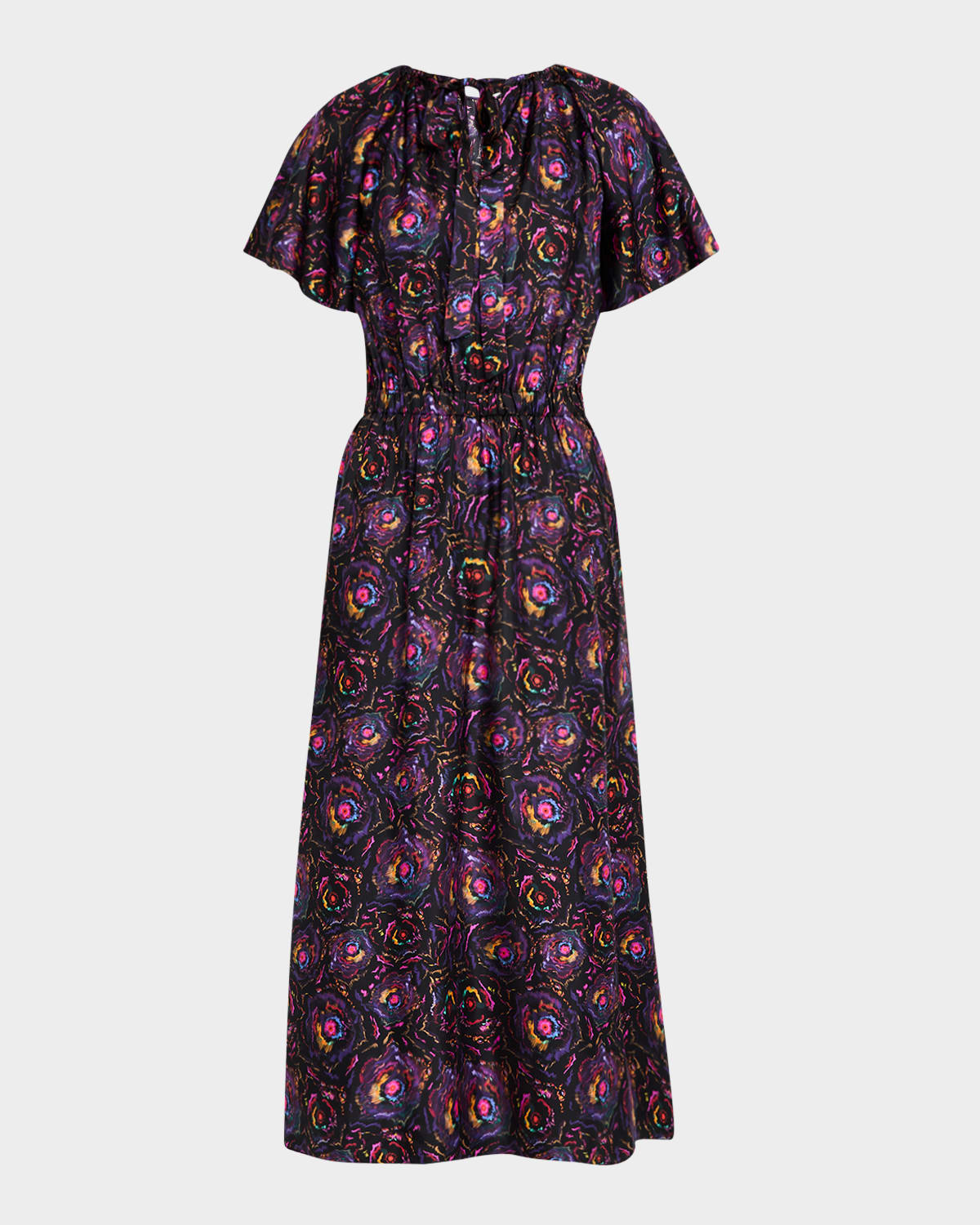 Floral-Print Flutter-Sleeve Midi Silk Dress