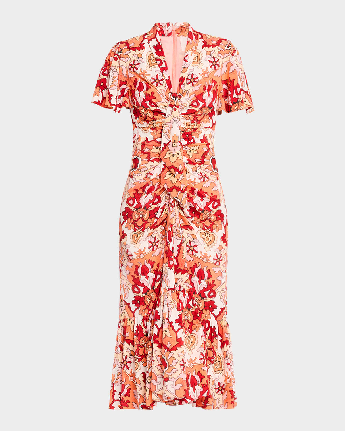 Cinq À Sept Peeta Ruched Damask Midi Dress In Pink Poppy Mult