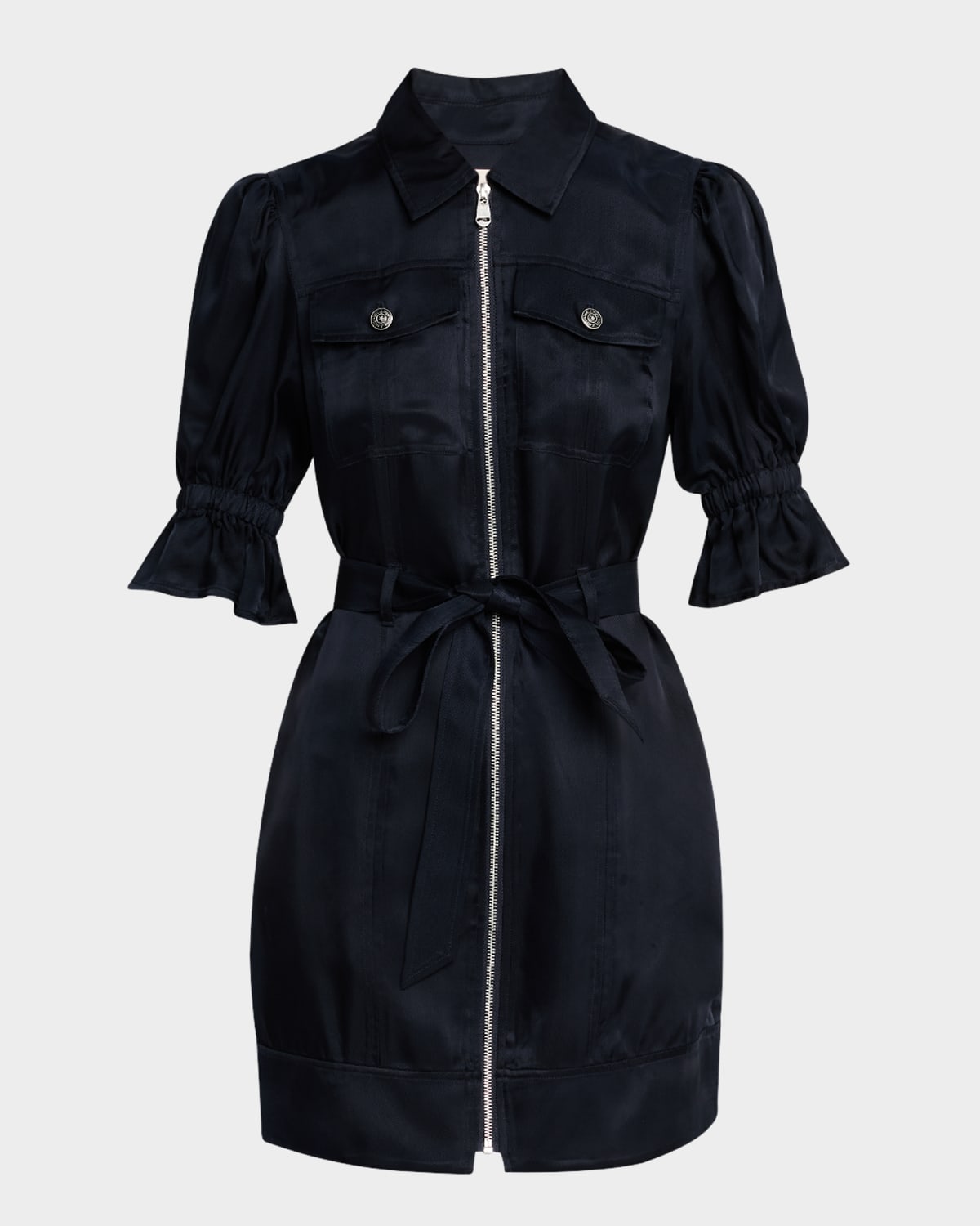 Shop Cinq À Sept Holly Puff-sleeve Zip-front Mini Dress In Navy