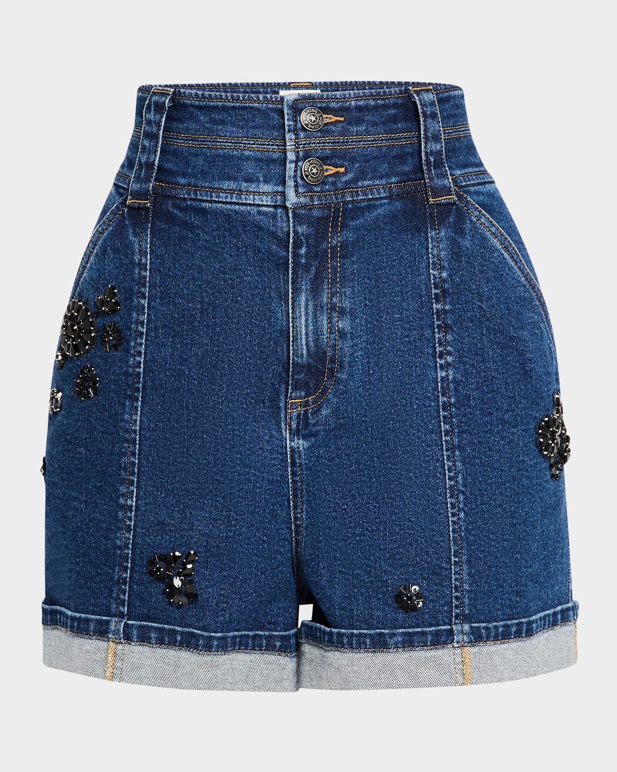 Crystal Double-Waistband Denim Shorts