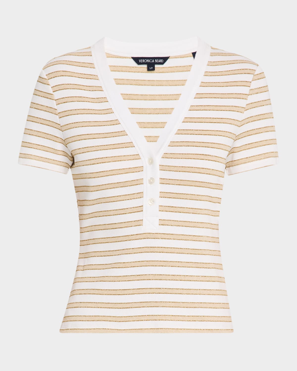 Veronica Beard Dekalb Stripe Stretch Cotton Henley Top In Khakiwhite