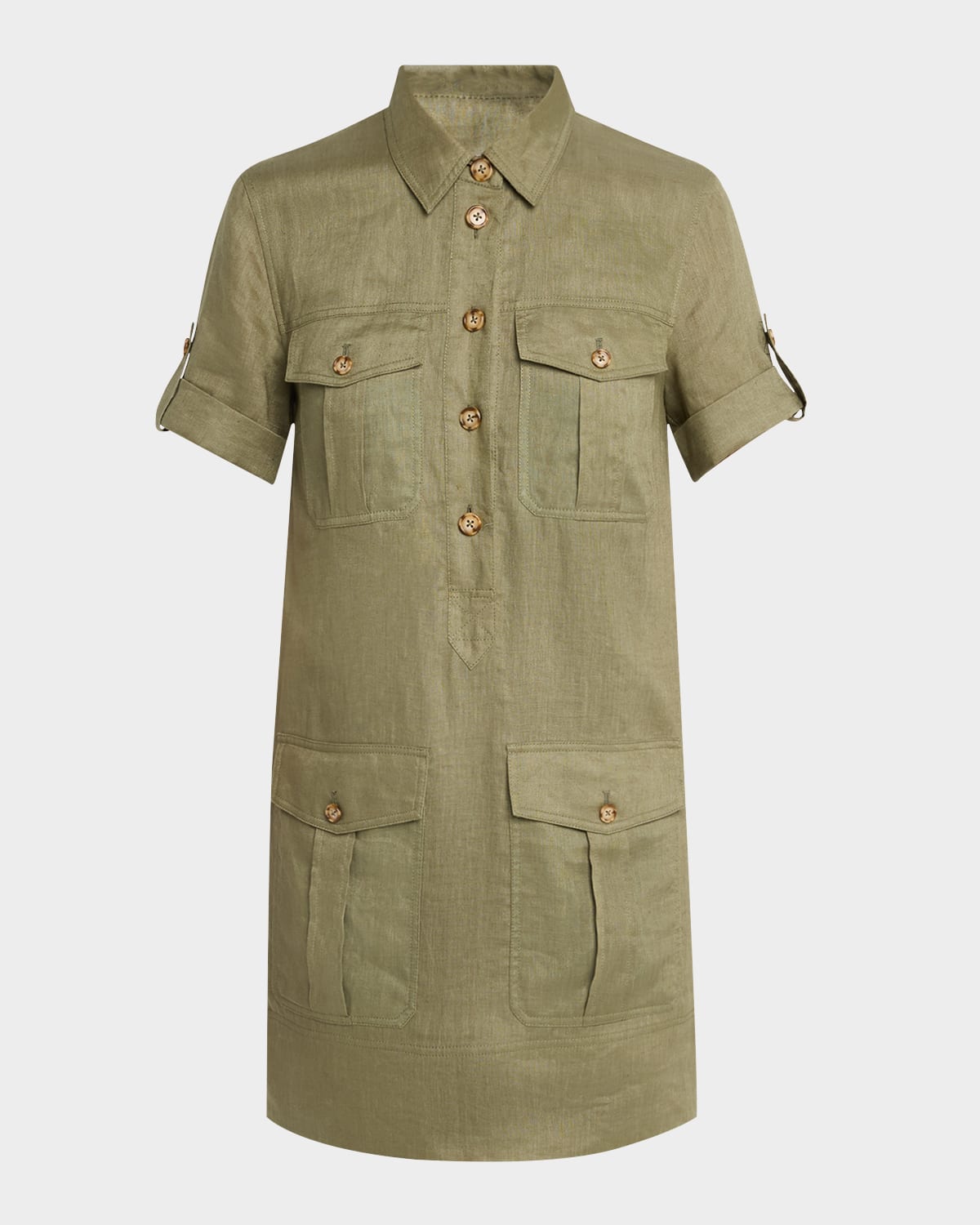 Veronica Beard Lucca Short-sleeve Linen Shirtdress In Stone Army