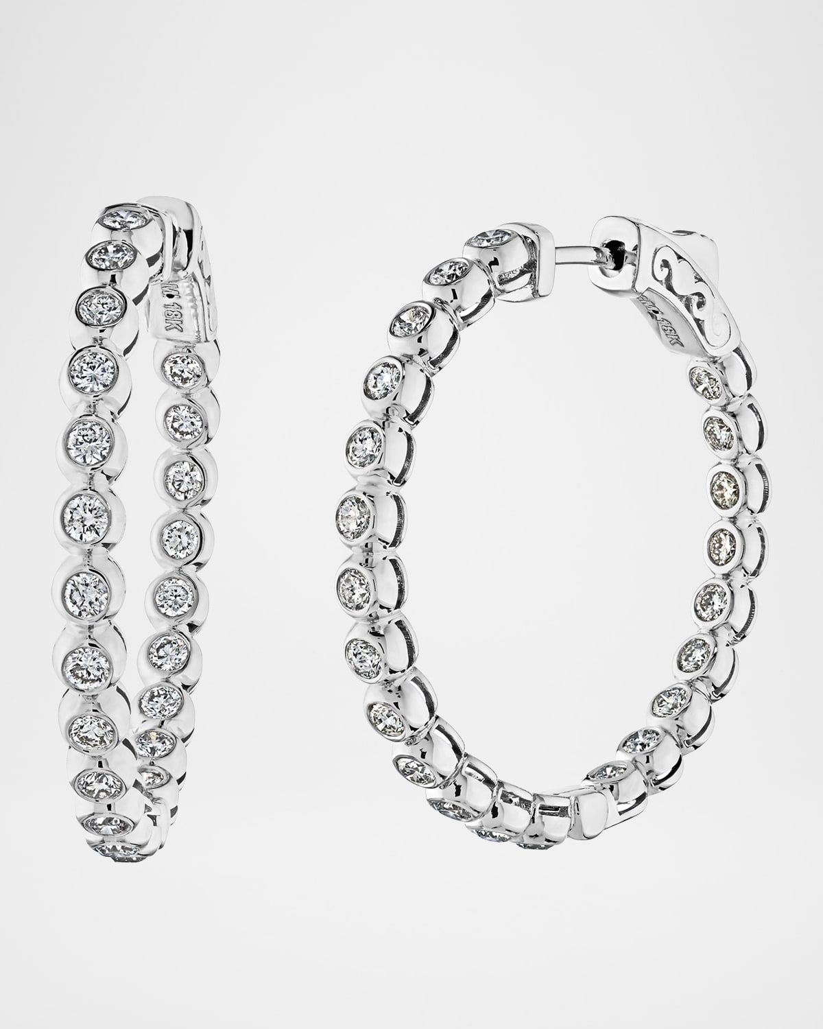18K White Gold Medium Diamond Hoop Earrings, 1"