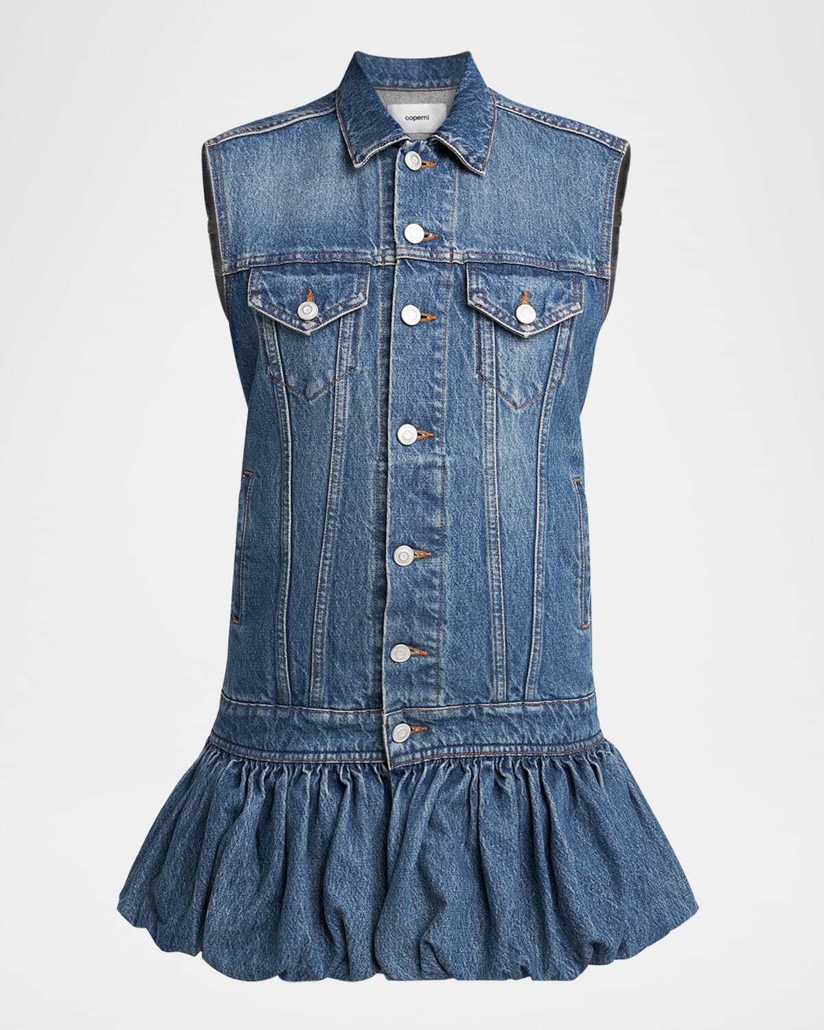 Bubble-Hem Sleeveless Mini Denim Dress