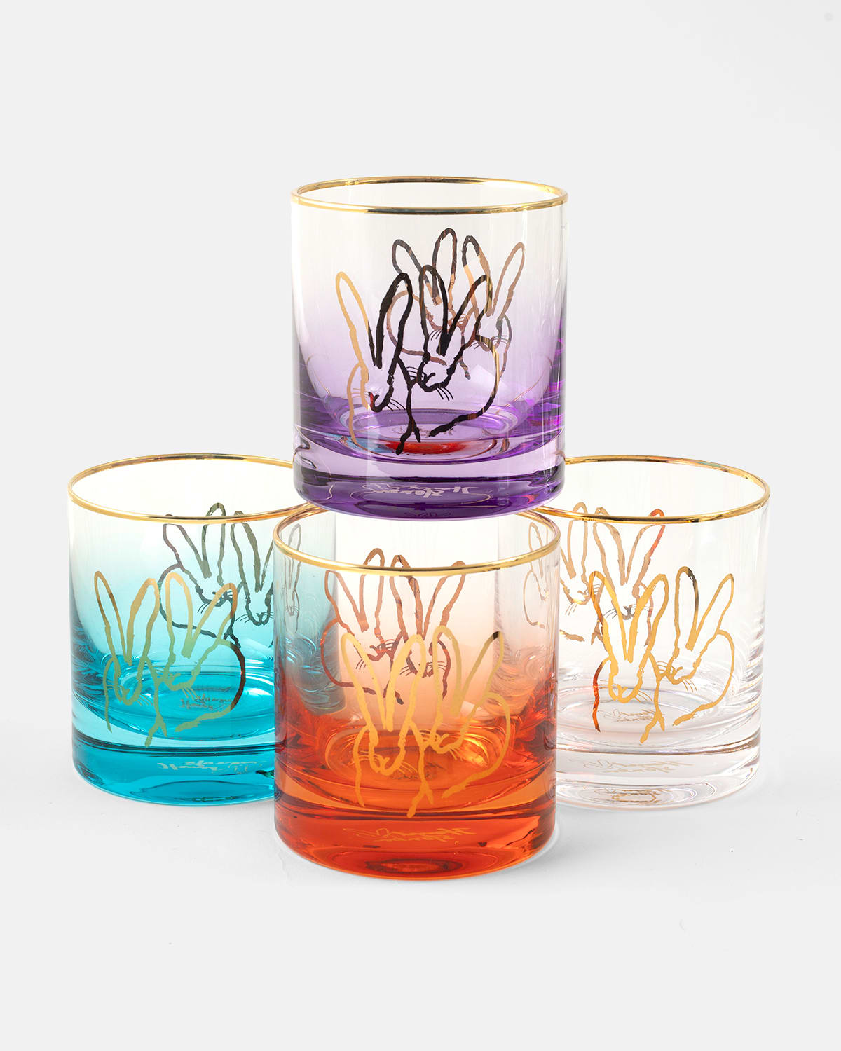 HUNT SLONEM JEWEL TONE DOUBLE BUNNY 10 OZ. OLD-FASHIONED GLASSES, SET OF 4