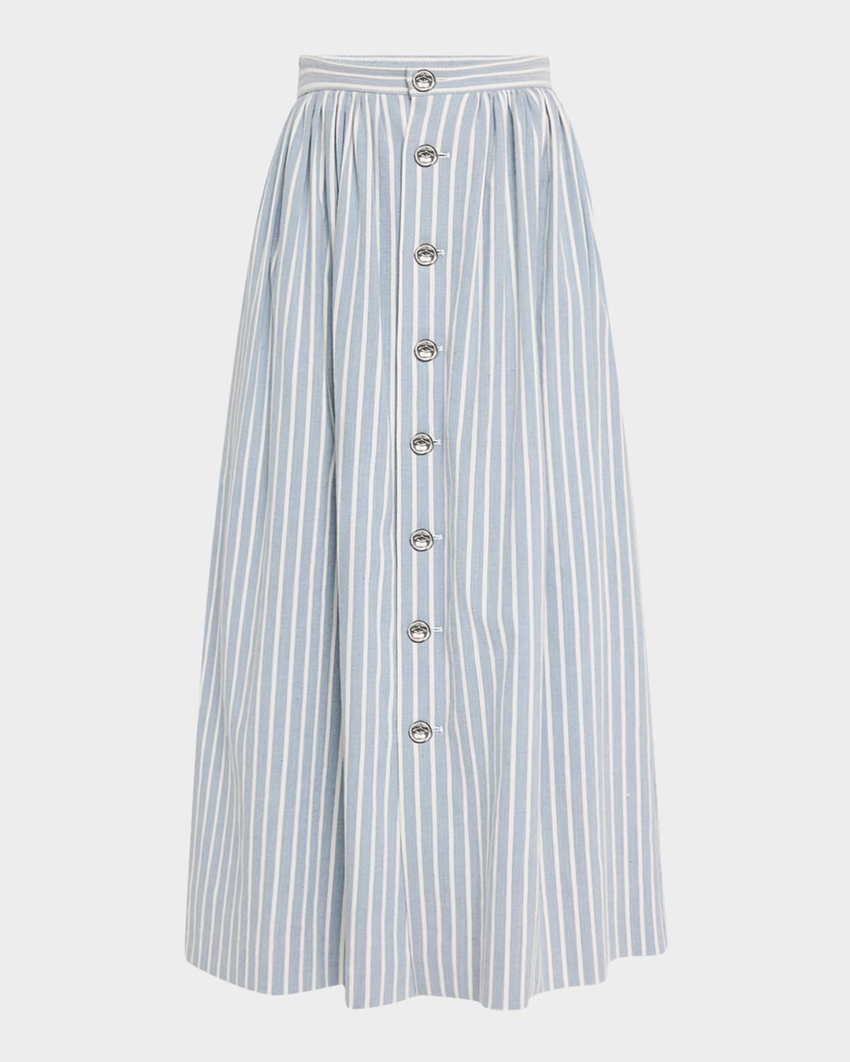 Adam Lippes Bryce Stripe Denim Button-front Midi Skirt In Stone Bluechalk