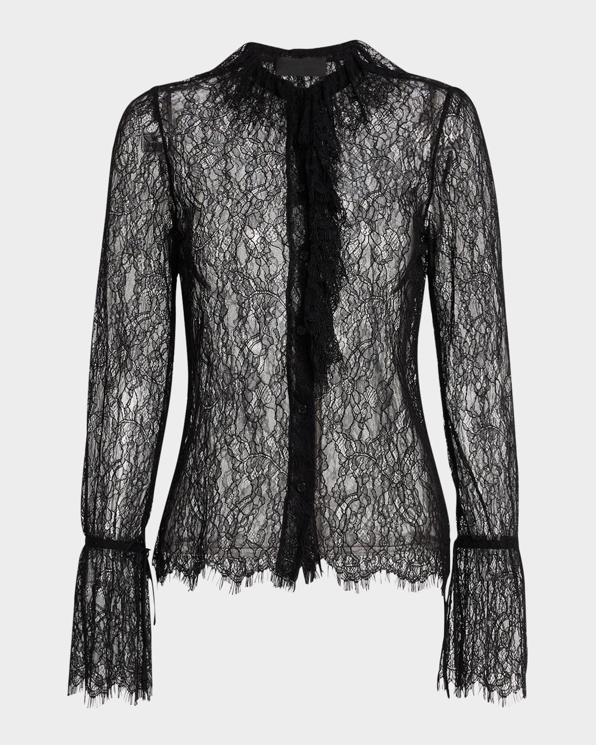 Cecily Lace Ruffle Front Flounce Sleeve Blouse