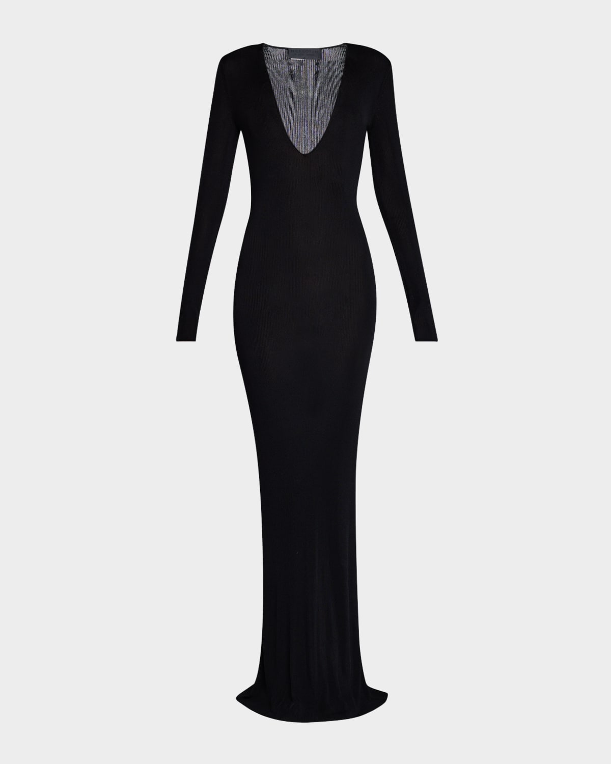 Shop Nili Lotan Jean Plunging Long-sleeve Rib Maxi Dress In Black