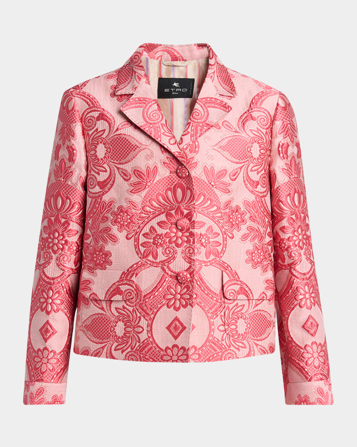 ETRO PINK MEDALLION LACE EFFECT BROCADE CROP JACKET 