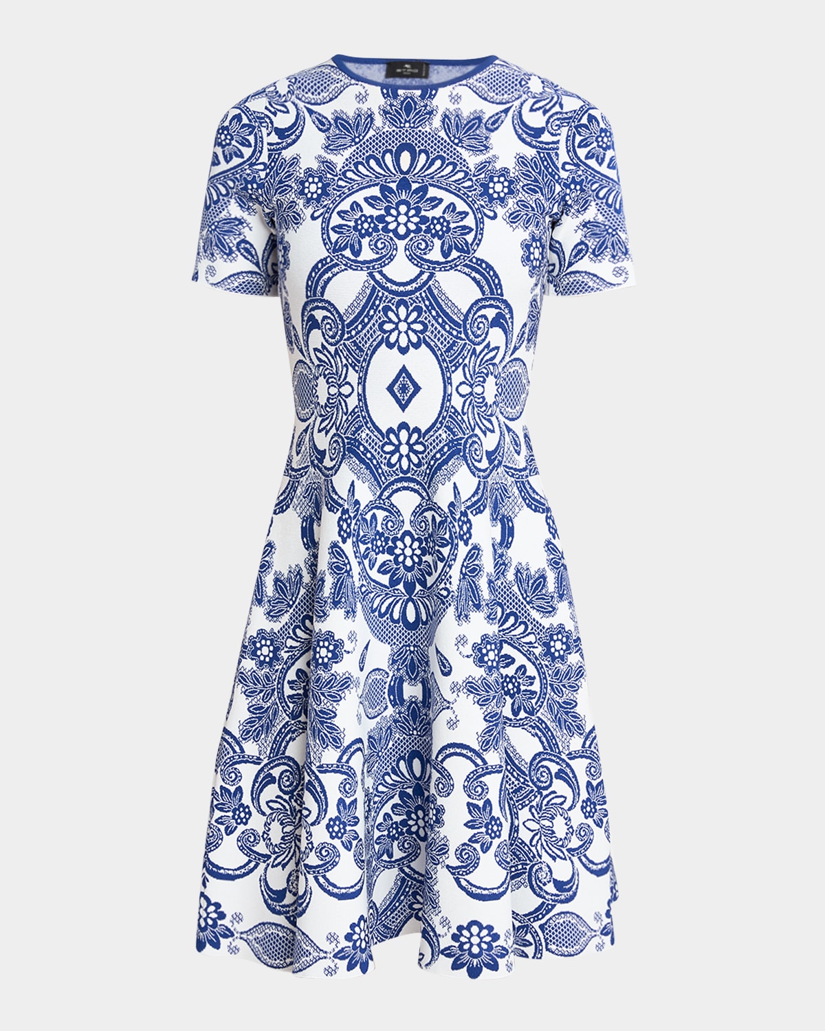 Blue Medallion Lace Effect Short-Sleeve Knit Dress