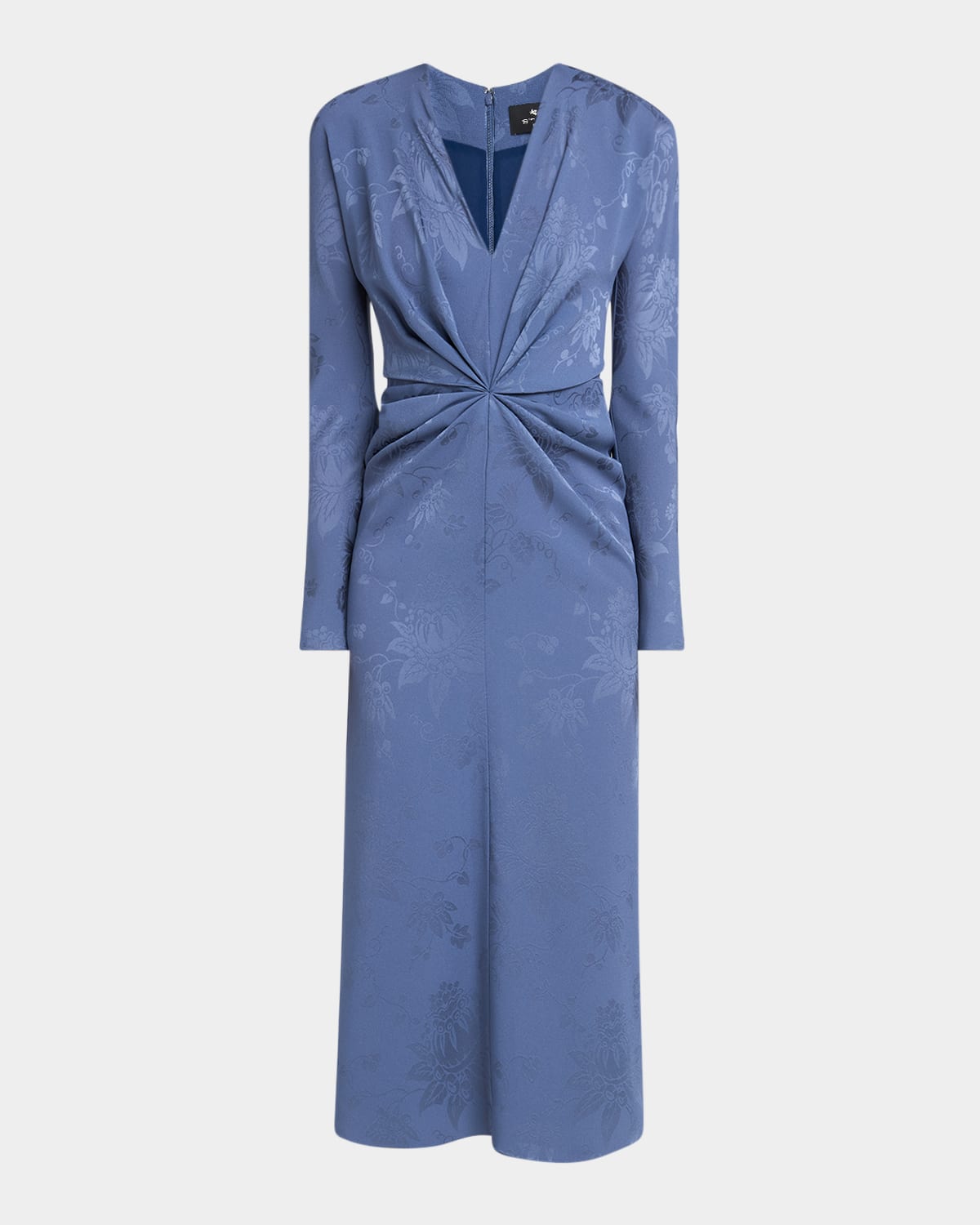 Shop Etro Fiore Jacquard Twisted Long-sleeve Midi Dress In Very Drk Blue 4