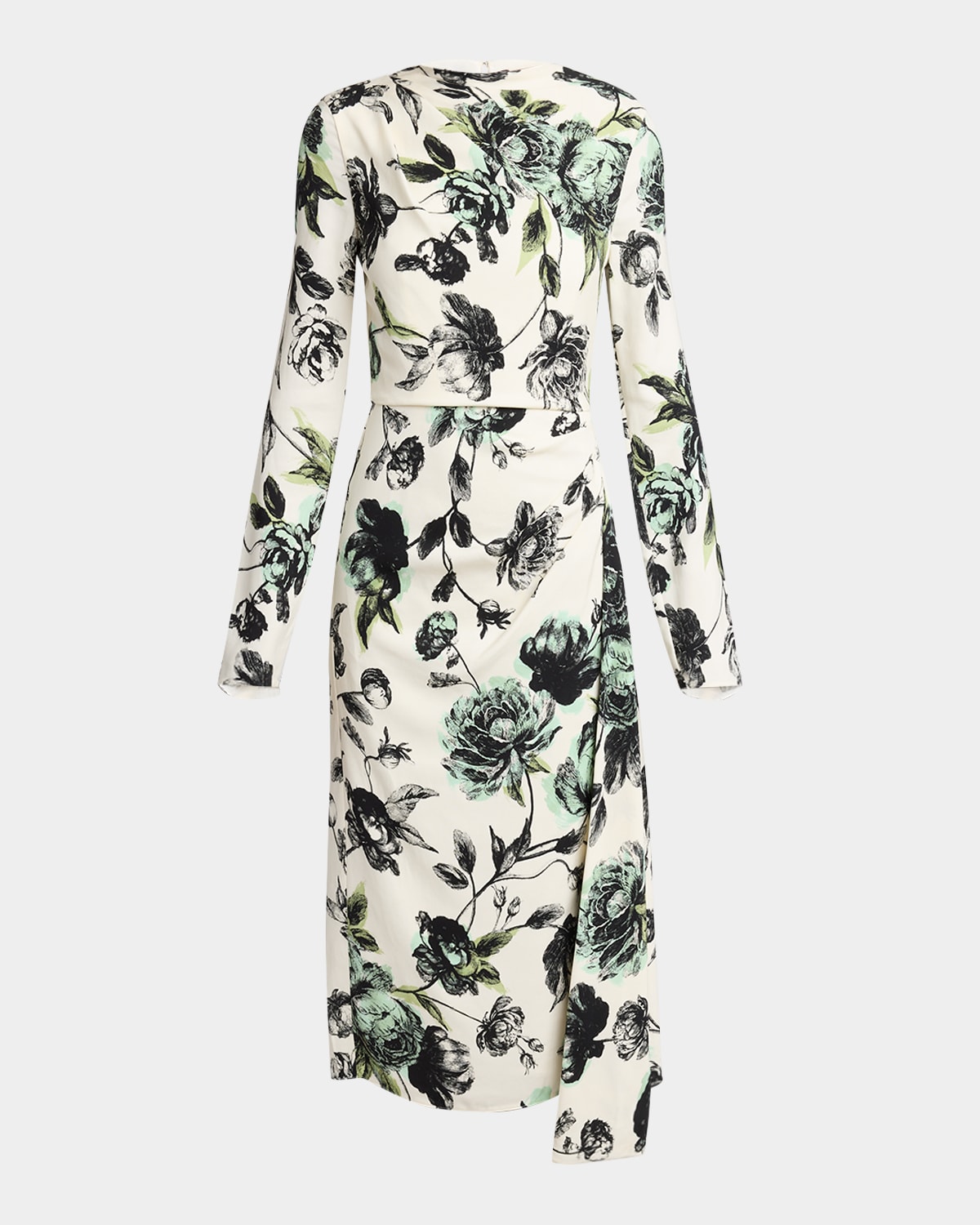 Floral Draped Long-Sleeve Midi Dress
