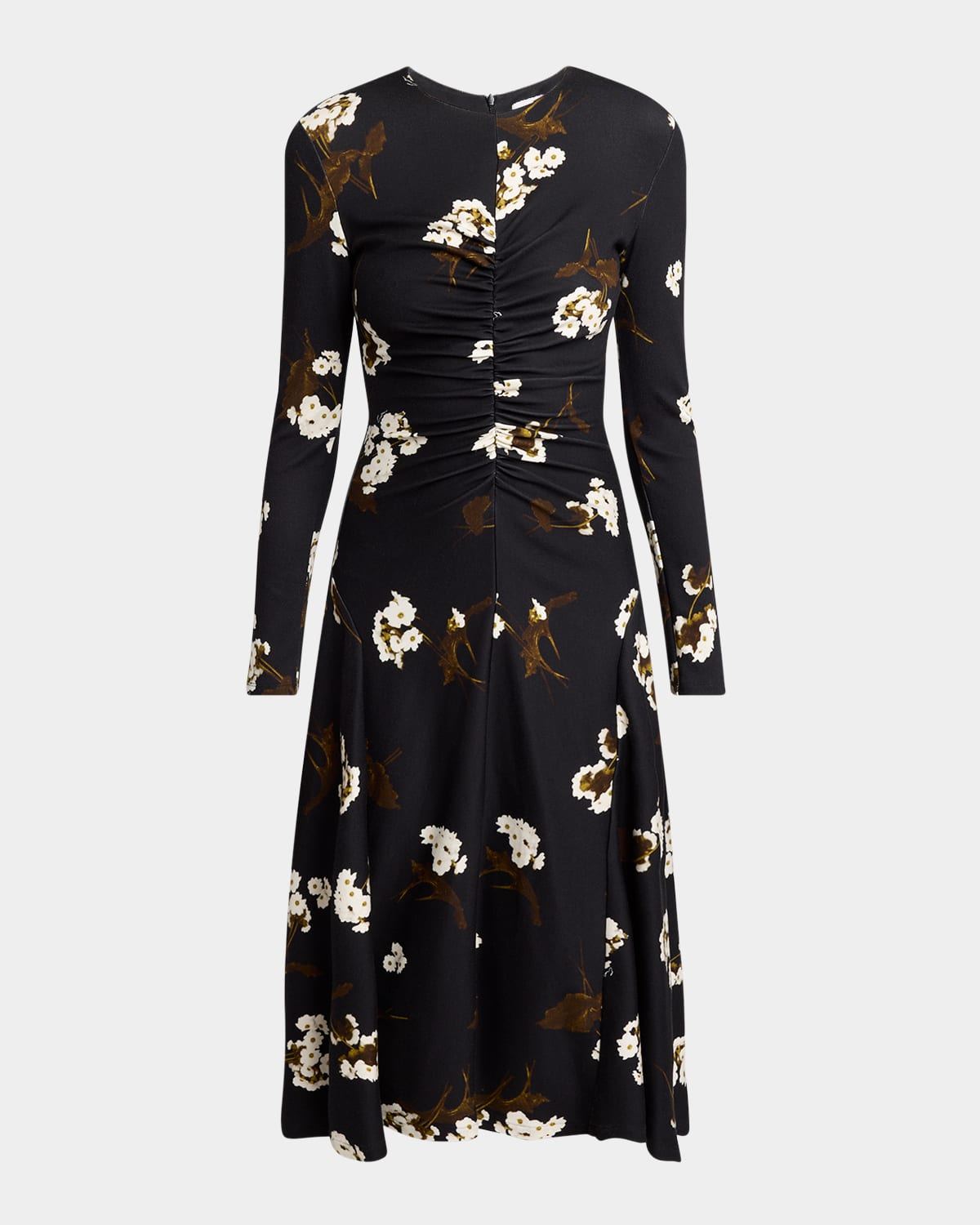 ERDEM FLORAL GATHERED LONG SLEEVE MIDI DRESS 