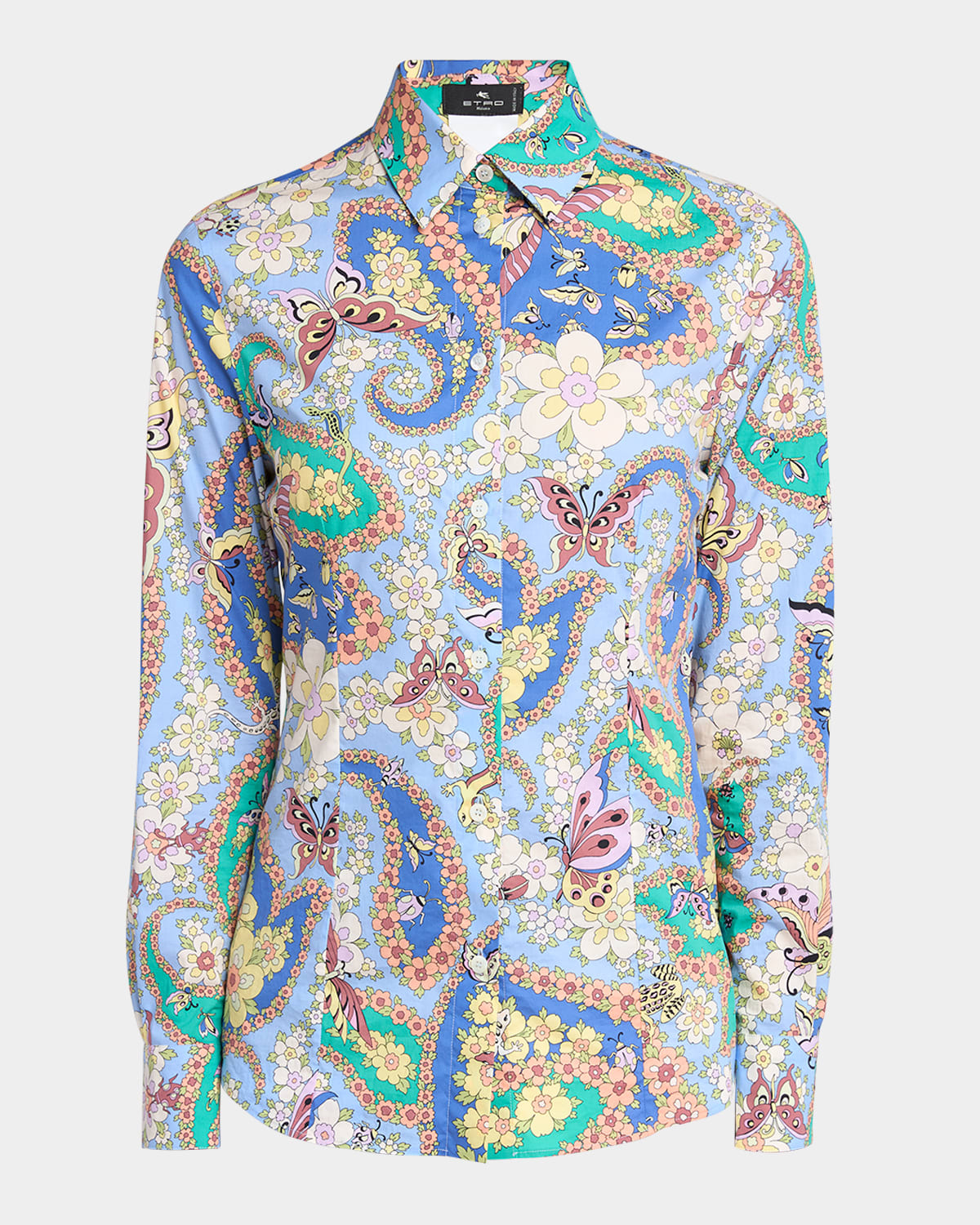 Etro Lucky Charm Print Cotton Poplin Button-down Blouse In Print On Blue Base 3
