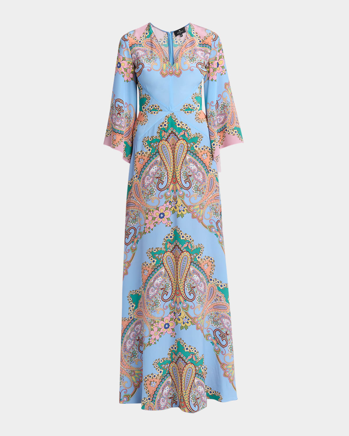 Paisley-Print Flare-Sleeve Cady Gown