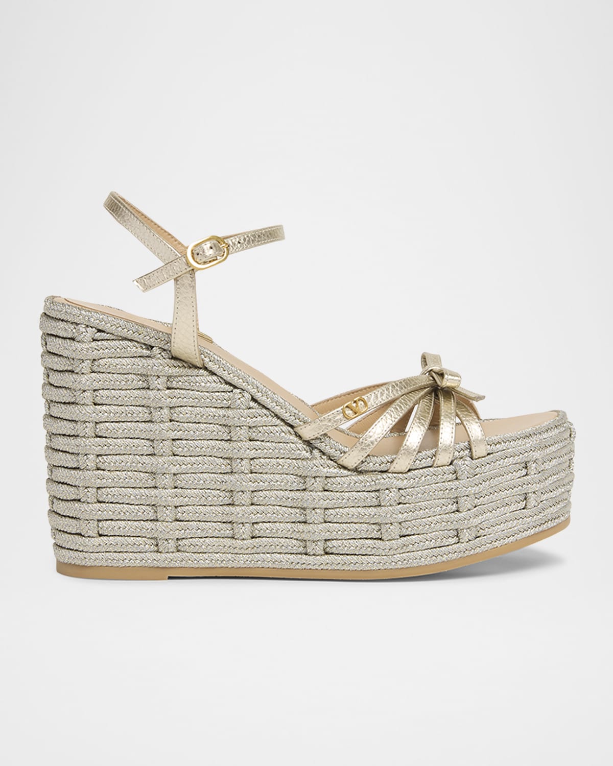 Valentino Garavani Metallic Bow Ankle-strap Wedge Espadrilles