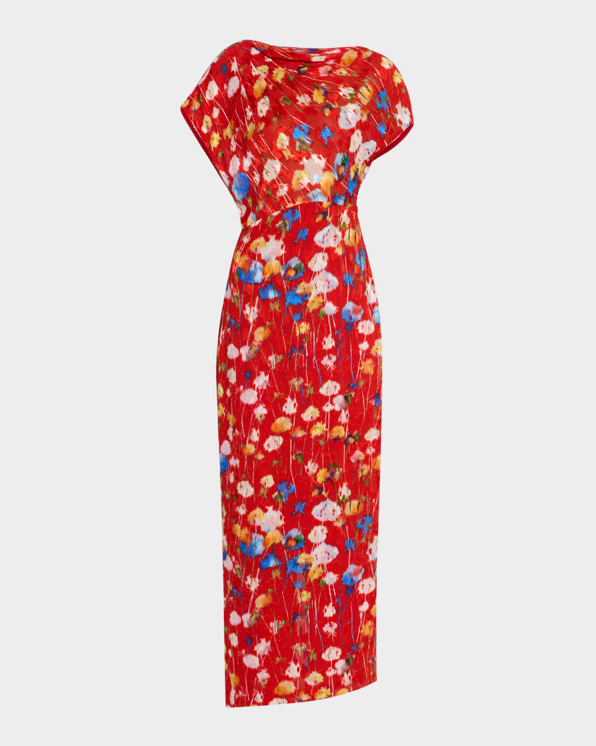 Floral Jacquard Draped-Shoulder Ankle Sheath Dress