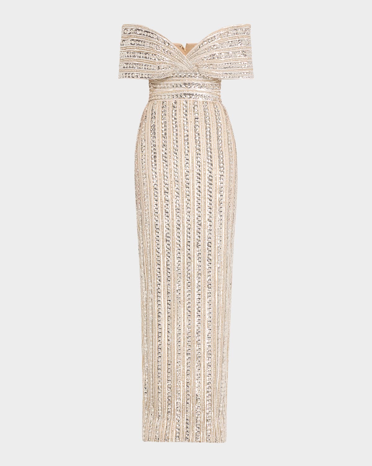 Pamella Roland Embroidered Tulle Off-the-shoulder Gown In Nudemulti