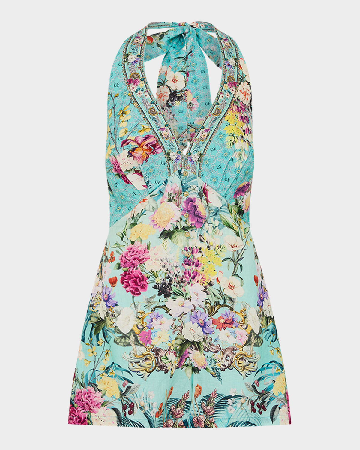 CAMILLA GARDENS OF QUELUZ BUTTON-FRONT HALTER PLAYSUIT 