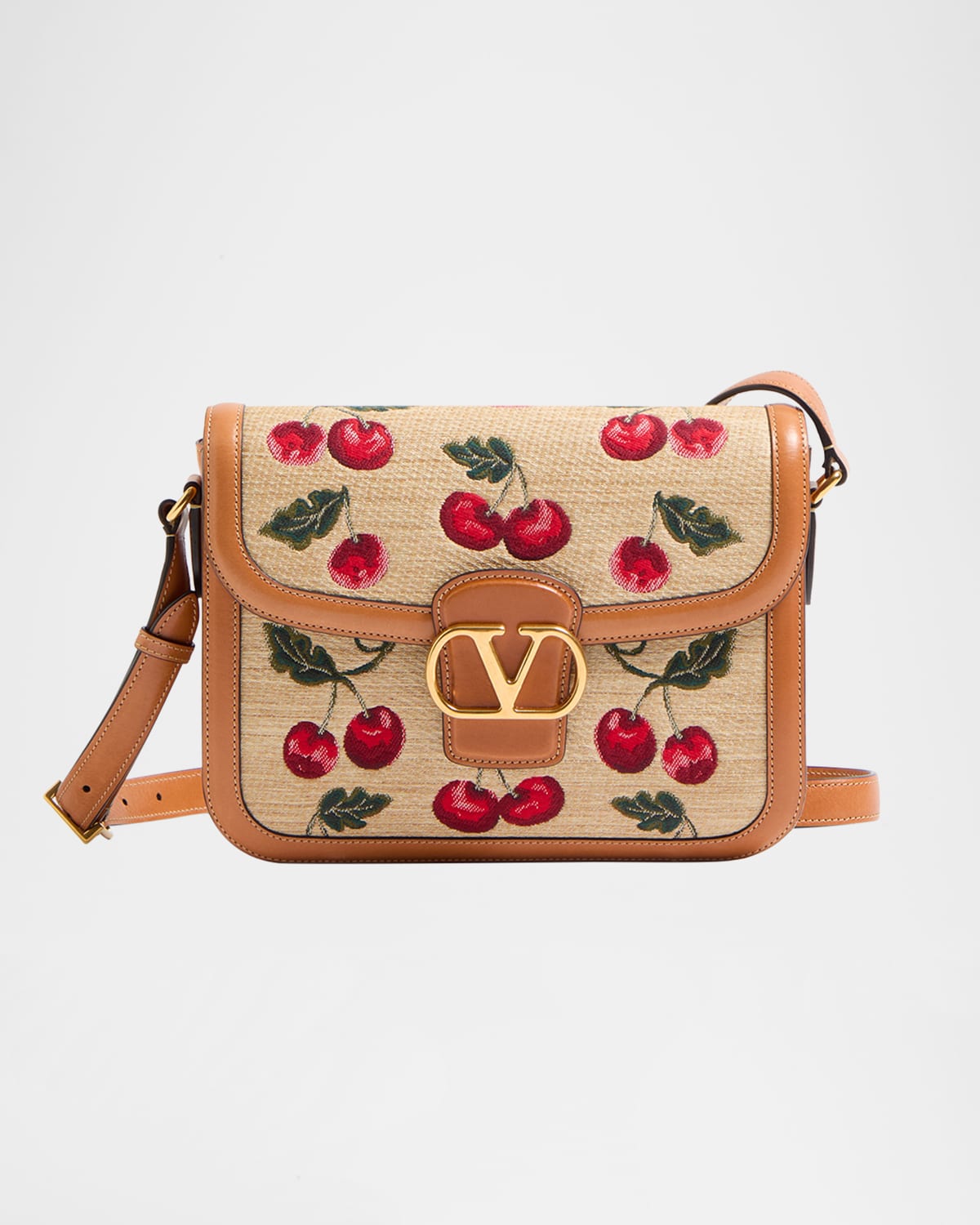 Valentino 9t05 Cherry-jacquard Raffia And Leather Cross-body Bag In Multi Natural Camel