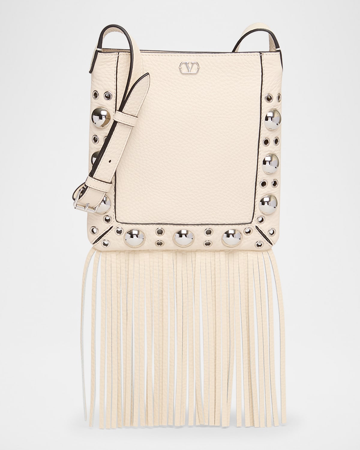 Valentino Nellcote Small Fringe Studded Leather Crossbody Bag In Light Ivory