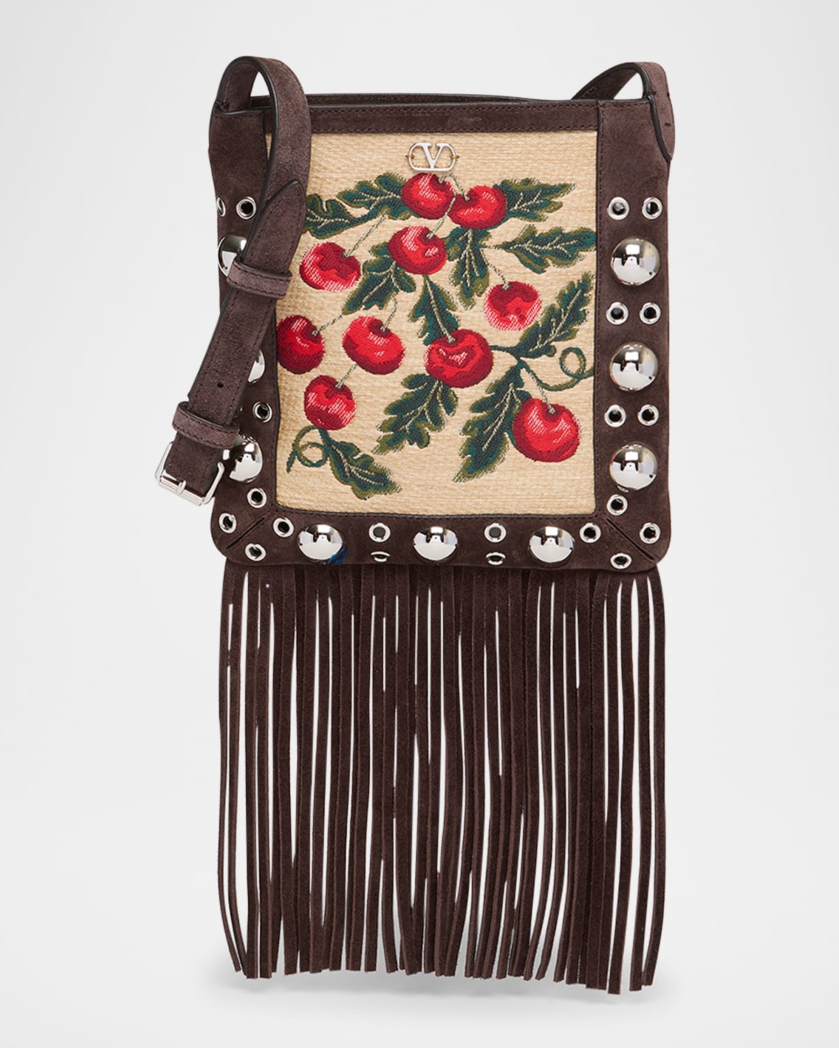 Valentino Garavani Nellcote Small Fringe Jacquard Cherries Suede Crossbody Bag