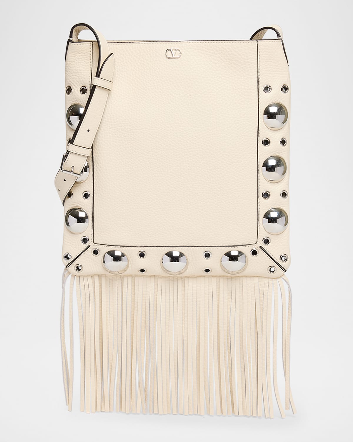 Valentino Nellcote Small Fringe Studded Leather Crossbody Bag In Light Ivory