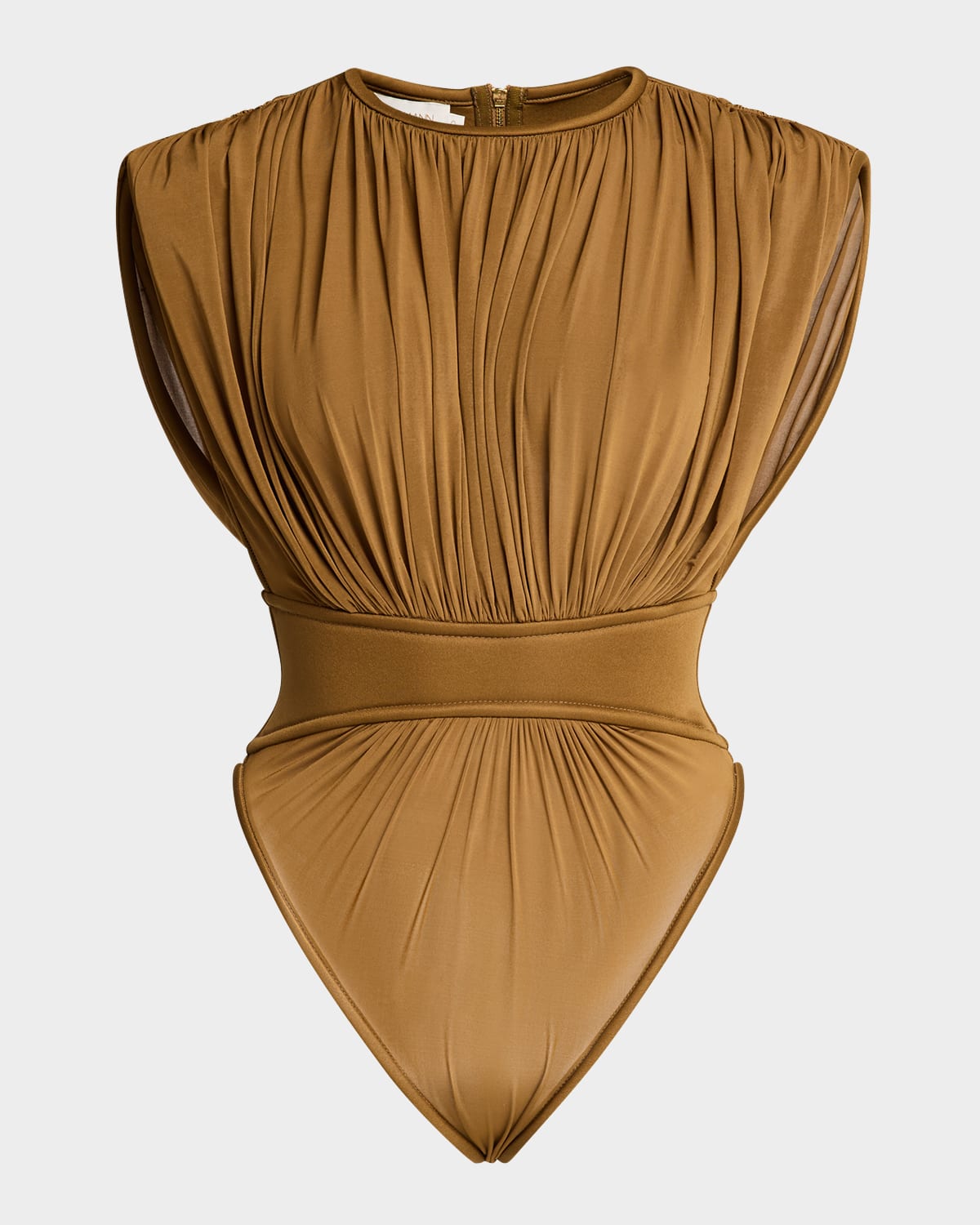 Zimmermann Silk Jersey Bodysuit With Gathered Detailing In Khaki
