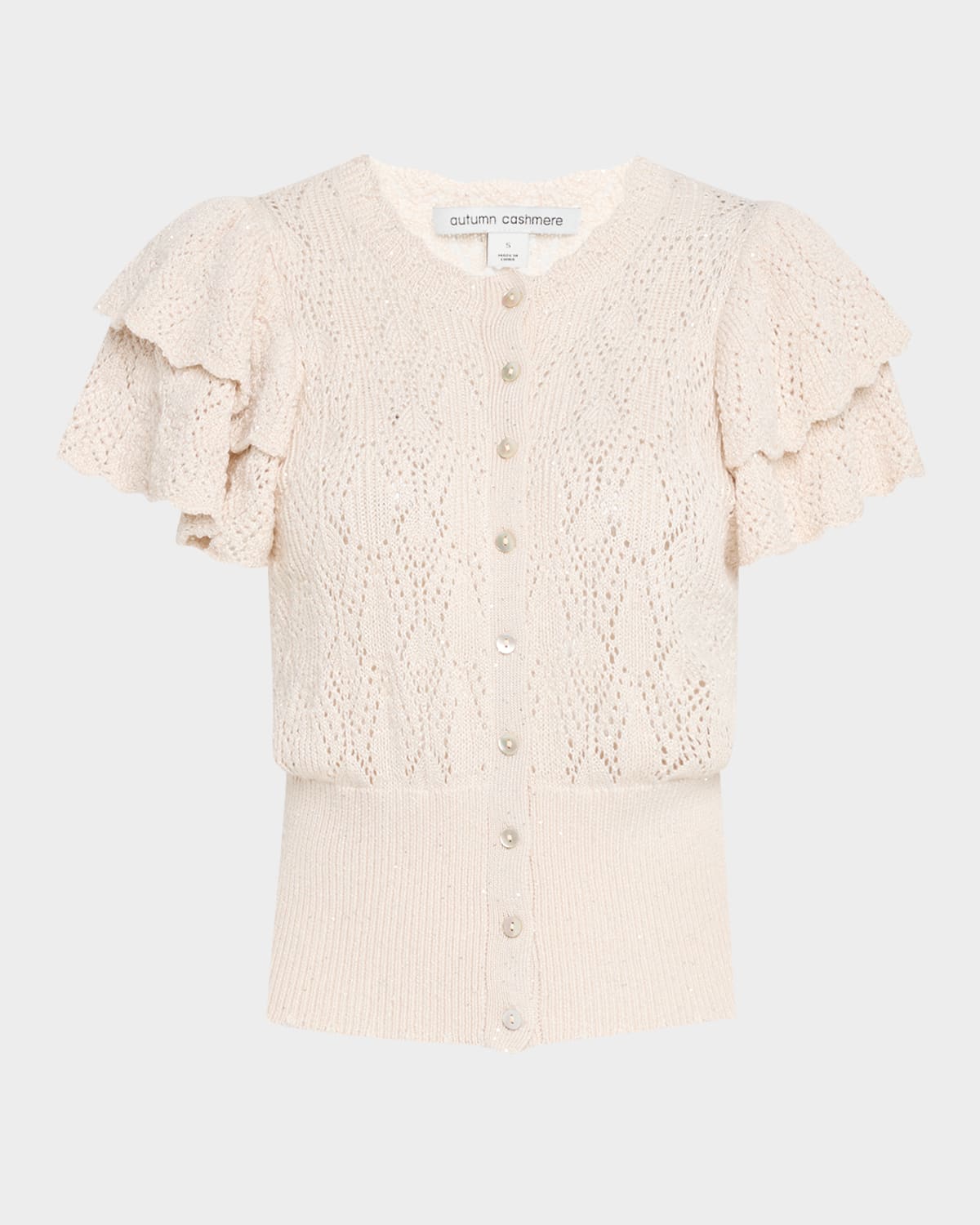 Shop Autumn Cashmere Ruffle-sleeve Sequin Pointelle Cardigan In Opal