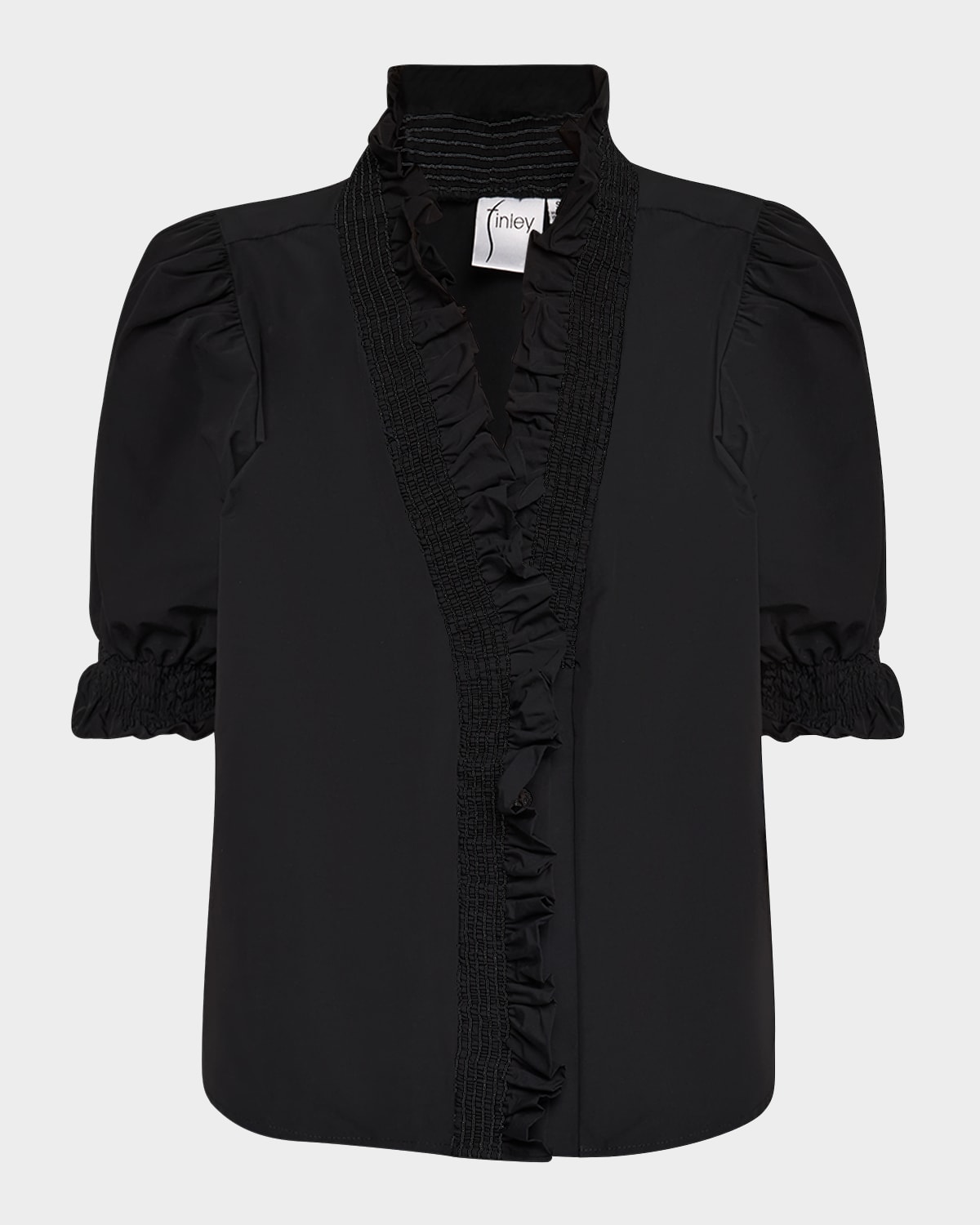 Cici Smocked Ruffle-Trim Taffeta Shirt