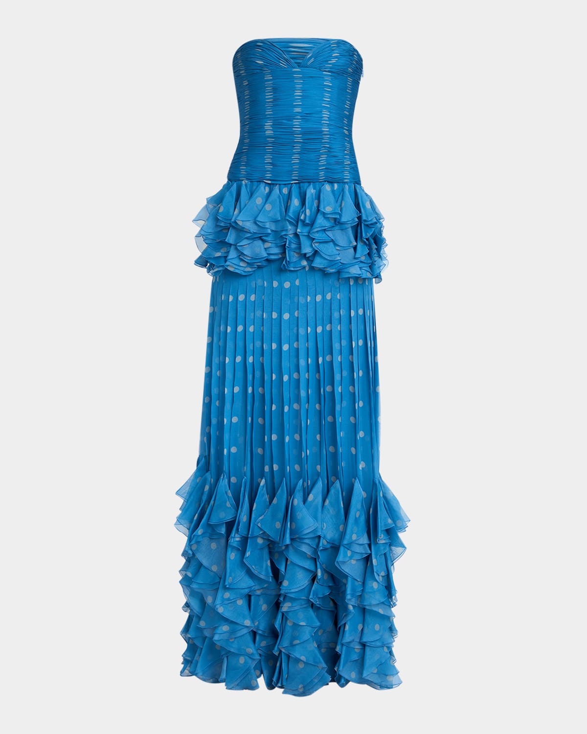 VALENTINO STRAPLESS PLEATED POLKA-DOT GOWN 