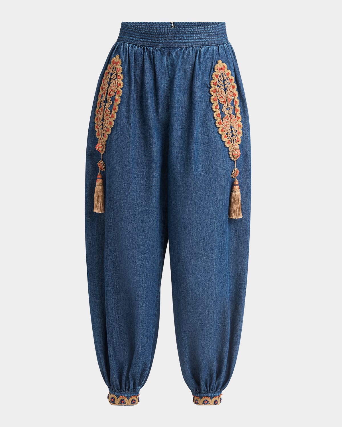 VALENTINO EMBROIDERED CHAMBRAY DENIM WIDE-LEG CROP BLOUSON TROUSERS 