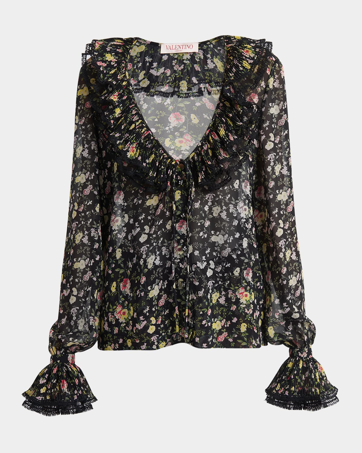 Valentino Semi Sheer Flower Print Blouse In Black Multi
