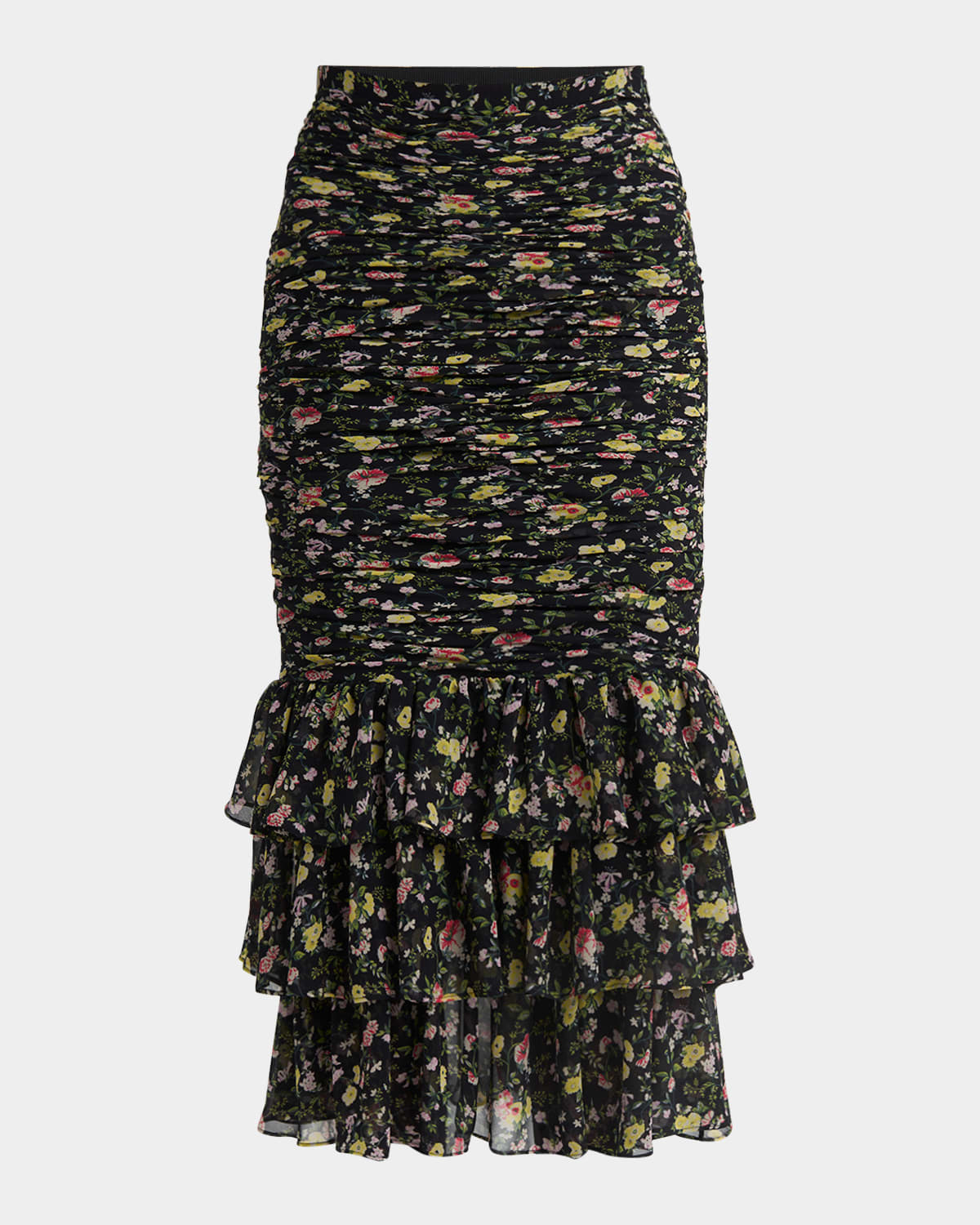 Valentino Ruched Flower Print Midi Skirt With Ruffle Hem In Black Multi