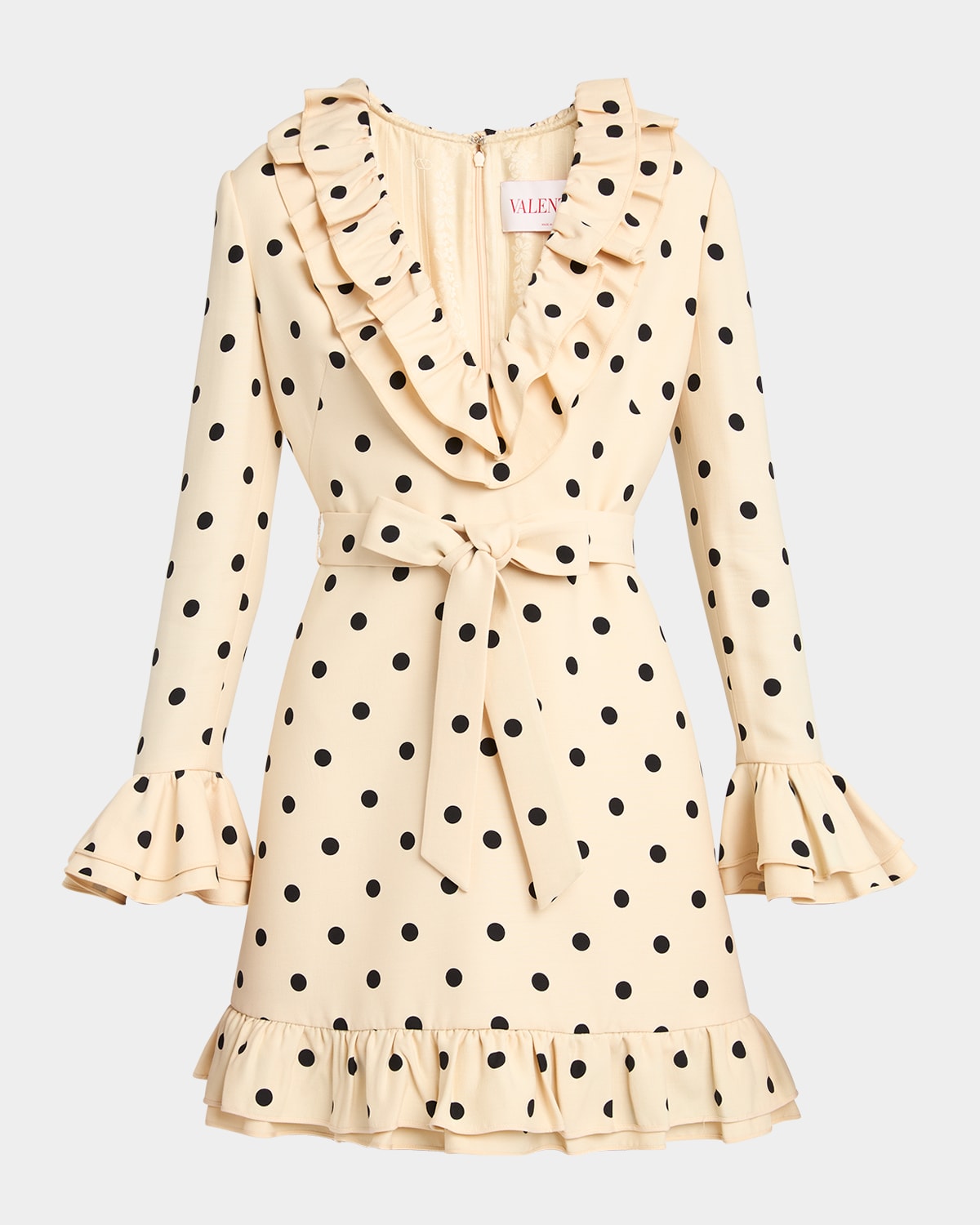 Valentino Belted Ruffled Polka-dot Wool And Silk-blend Mini Dress In Light Hazelnut
